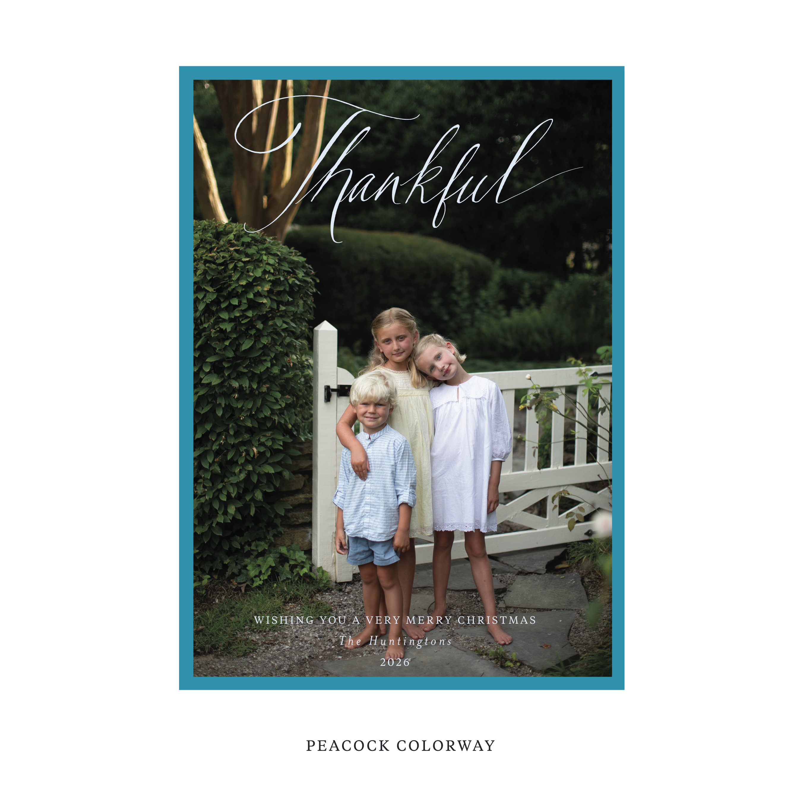 Celebrate the season with the Huntington "Thankful" Holiday Card by Stovall Collection. Featuring original hand-lettered artwork, this luxury personalized photo mount holiday card is available in 22 thoughtfully curated flat printing colorways.