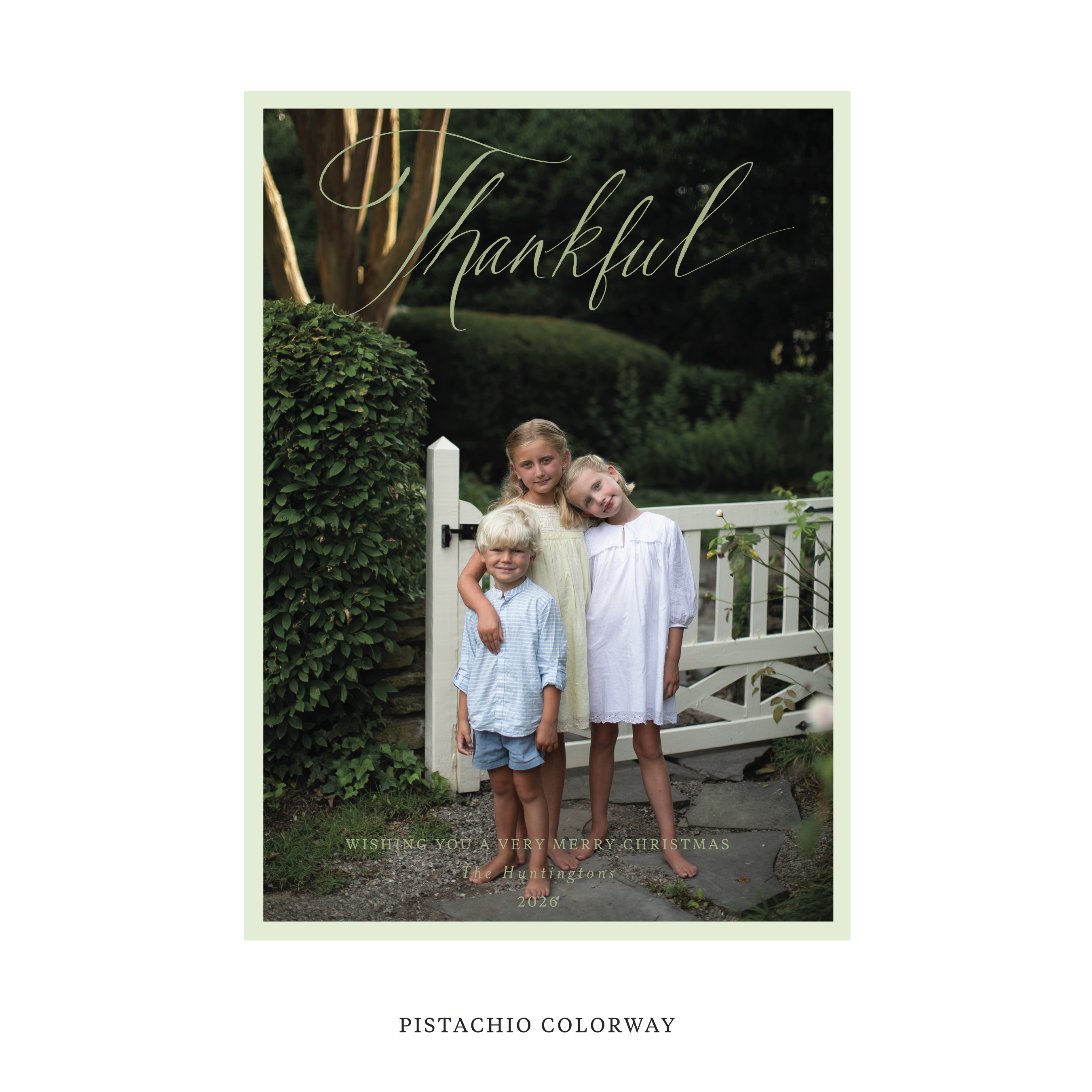 Celebrate the season with the Huntington "Thankful" Holiday Card by Stovall Collection. Featuring original hand-lettered artwork, this luxury personalized photo mount holiday card is available in 22 thoughtfully curated flat printing colorways.