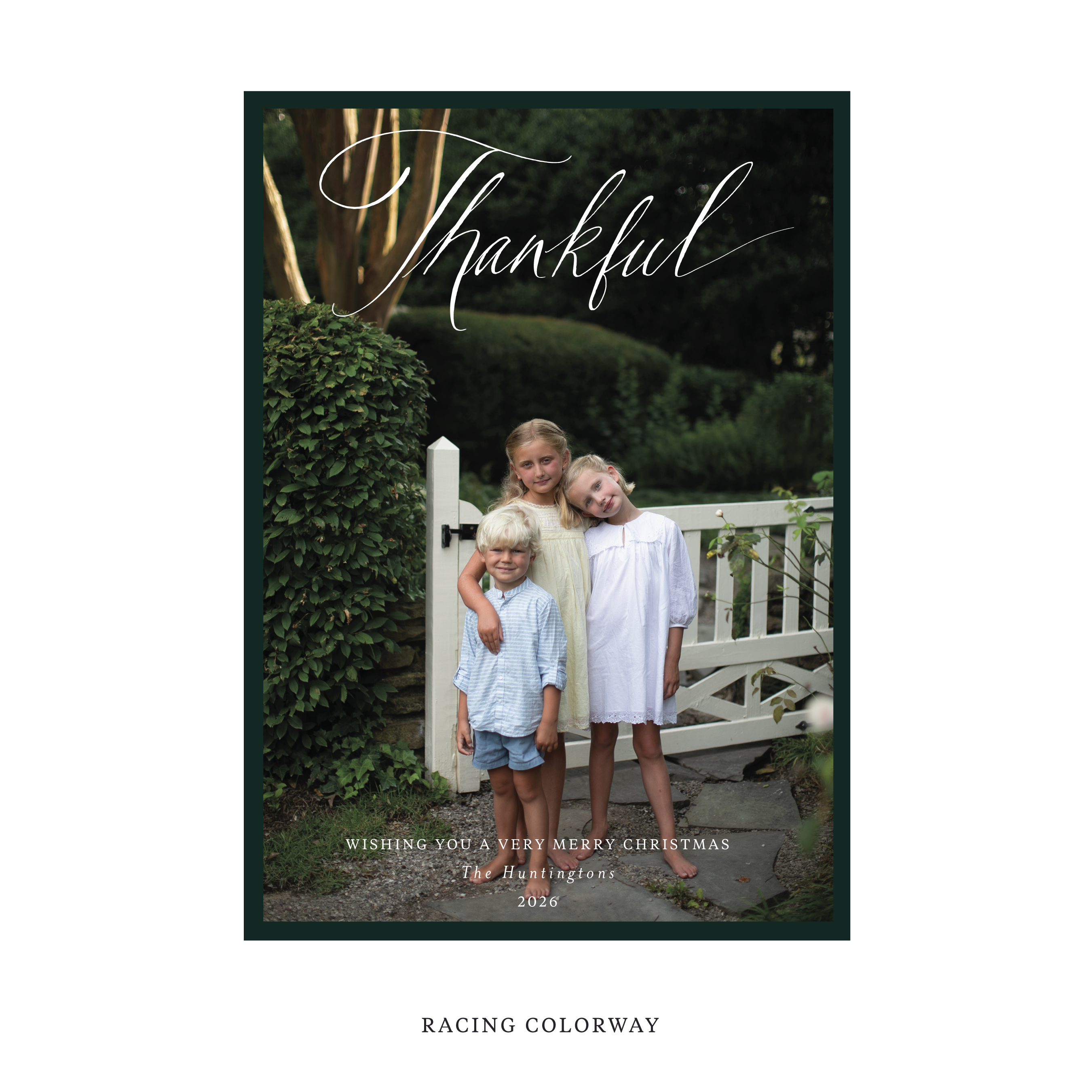 Celebrate the season with the Huntington "Thankful" Holiday Card by Stovall Collection. Featuring original hand-lettered artwork, this luxury personalized photo mount holiday card is available in 22 thoughtfully curated flat printing colorways.