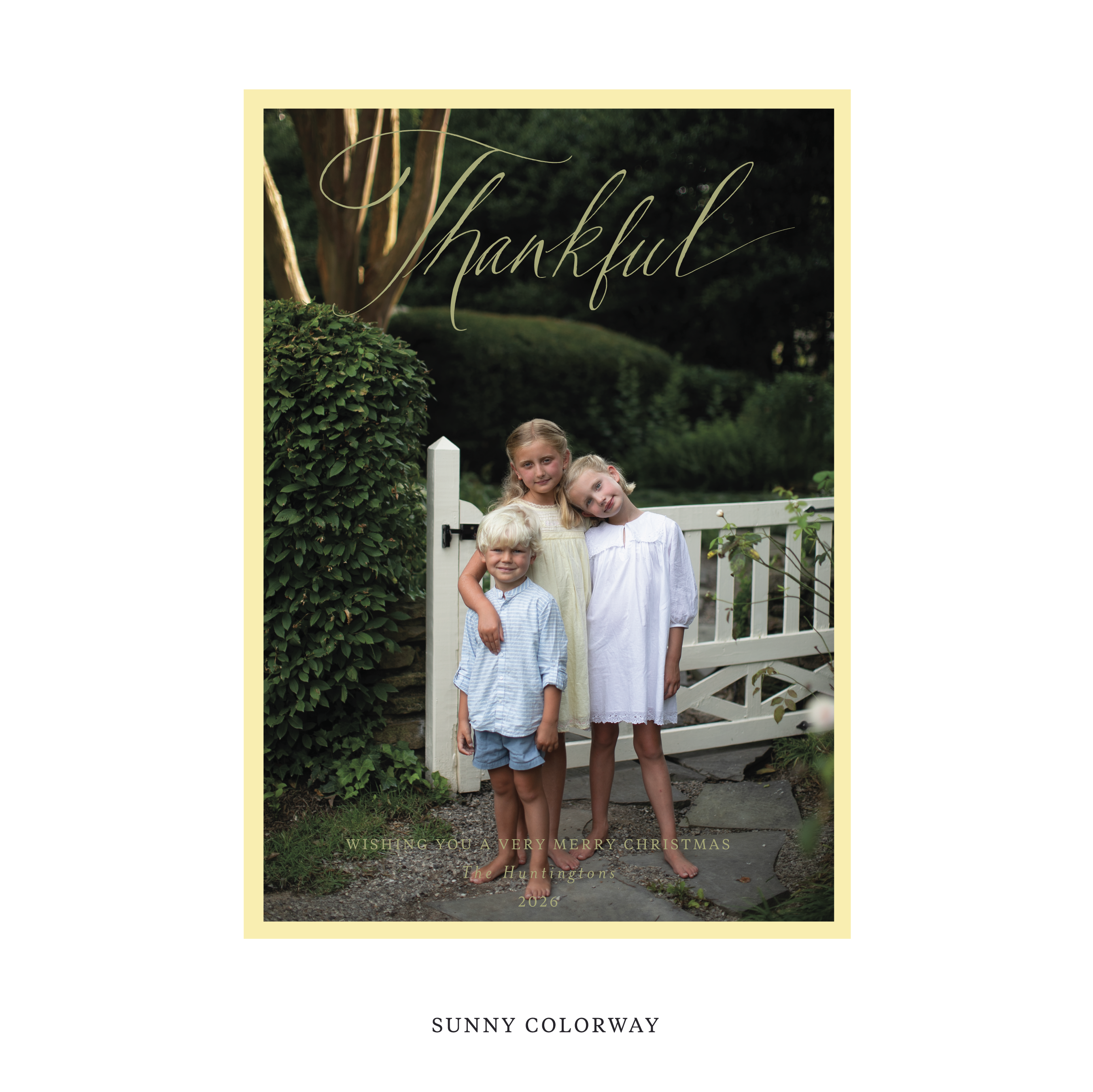 Celebrate the season with the Huntington "Thankful" Holiday Card by Stovall Collection. Featuring original hand-lettered artwork, this luxury personalized photo mount holiday card is available in 22 thoughtfully curated flat printing colorways.