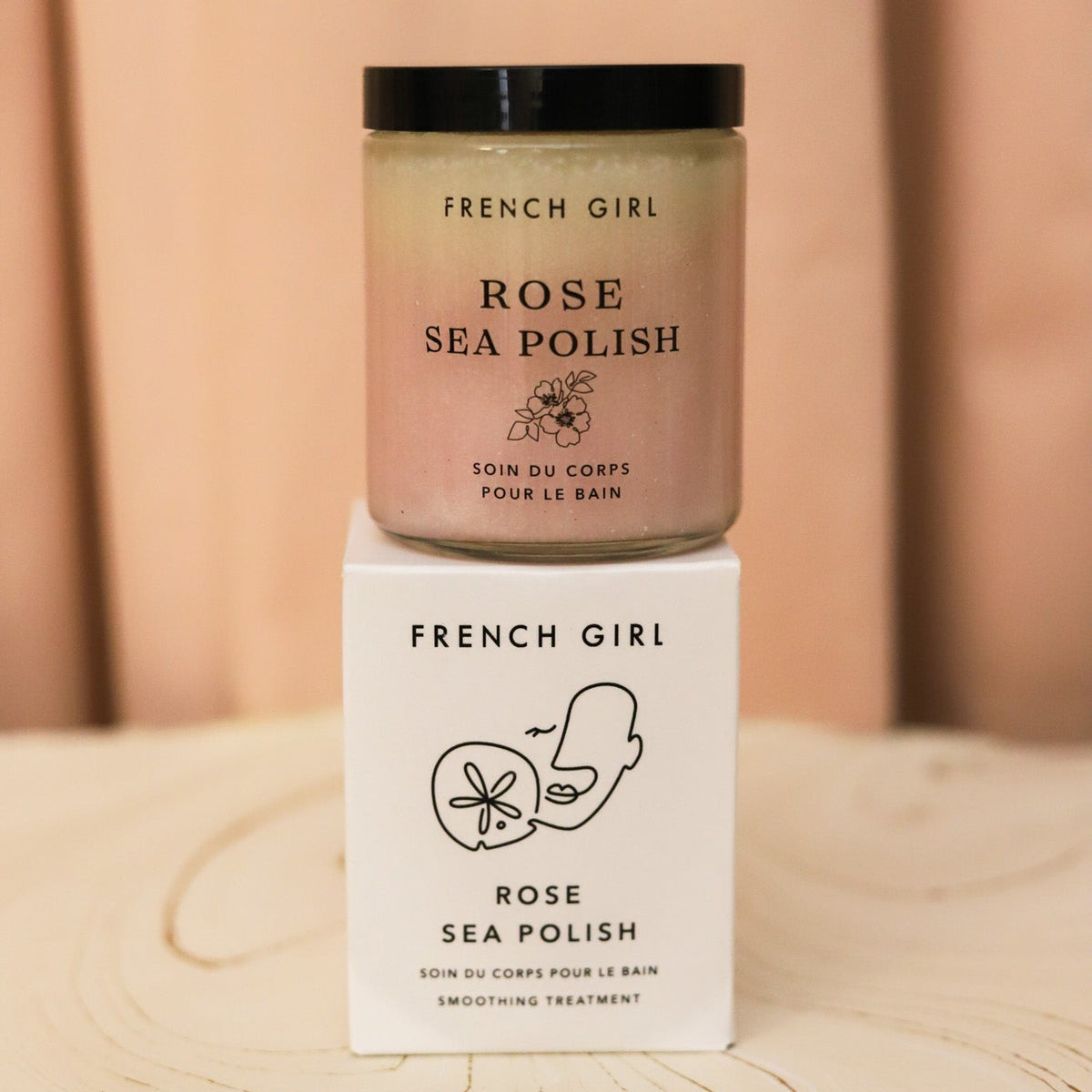 French Girl Rose Body Polish gently exfoliates with sea salt and organic sugar while nourishing oils leave skin soft, smooth and beautifully scented.