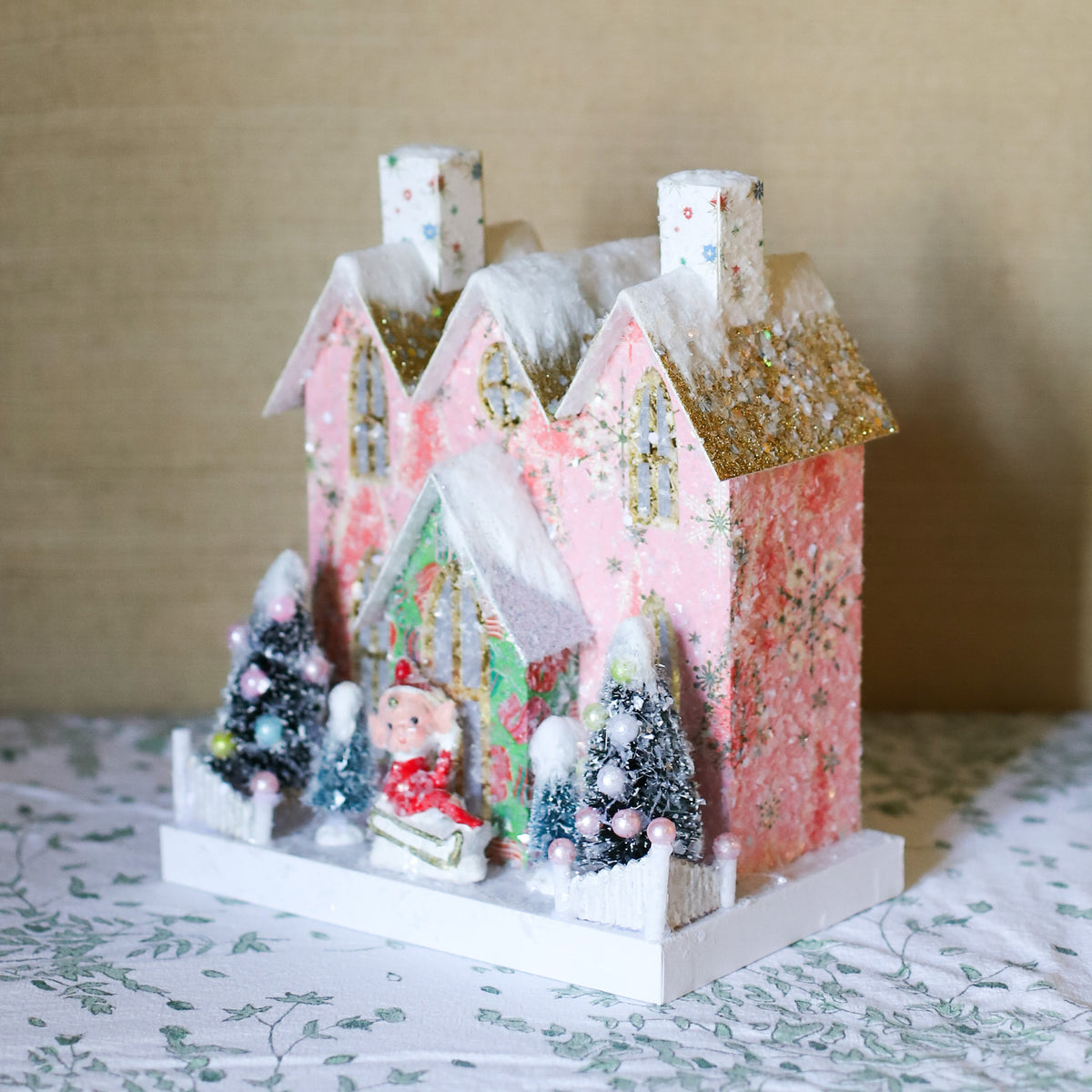 Small Pink Elf Christmas Glitter House
