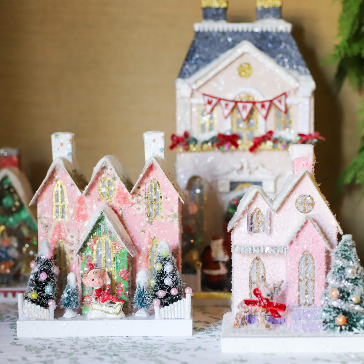 Small Pink Elf Christmas Glitter House