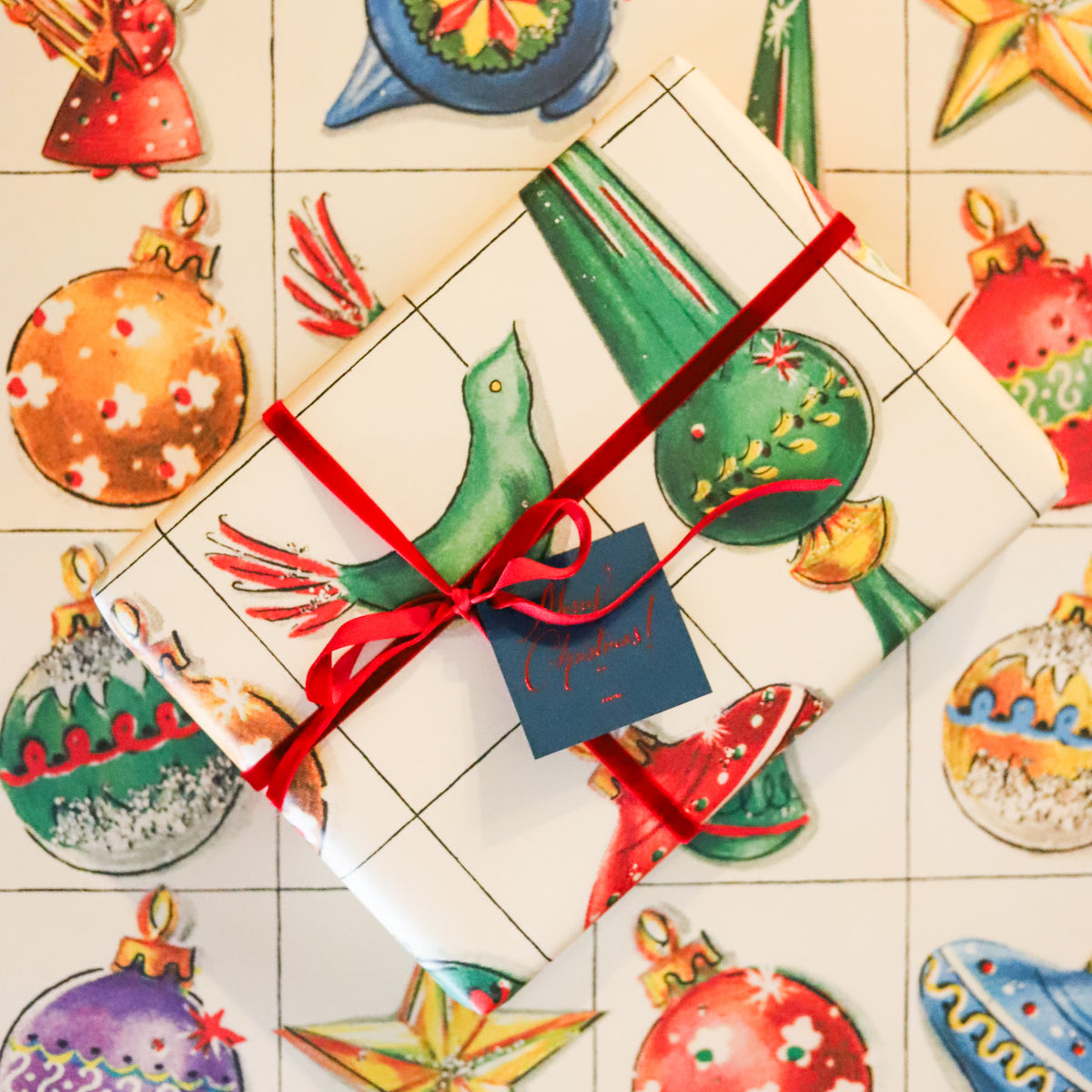 Christmas wrapping paper with vintage ornaments 