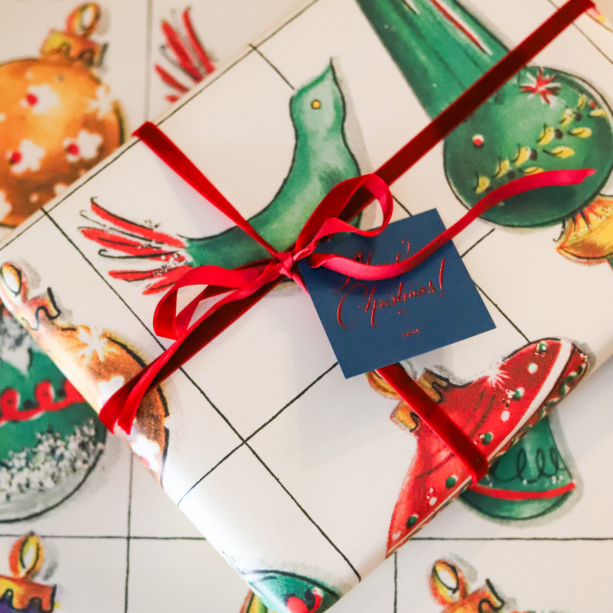 Christmas wrapping paper with vintage ornaments 