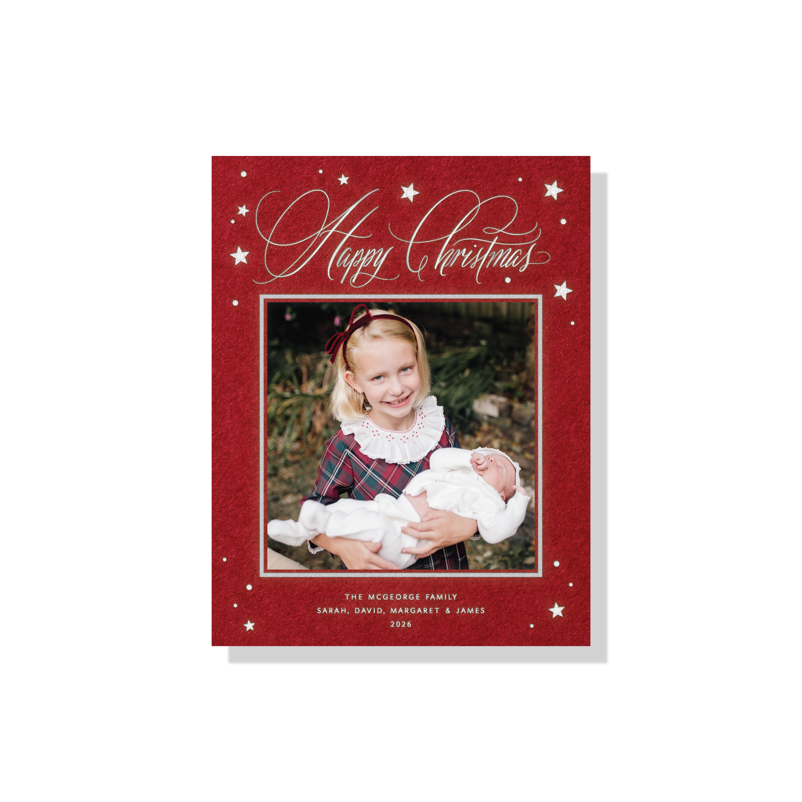 Keaton Engraved Holiday Card featuring hand-lettered “Happy Christmas” calligraphy, illustrated stars, and a favorite family photograph.