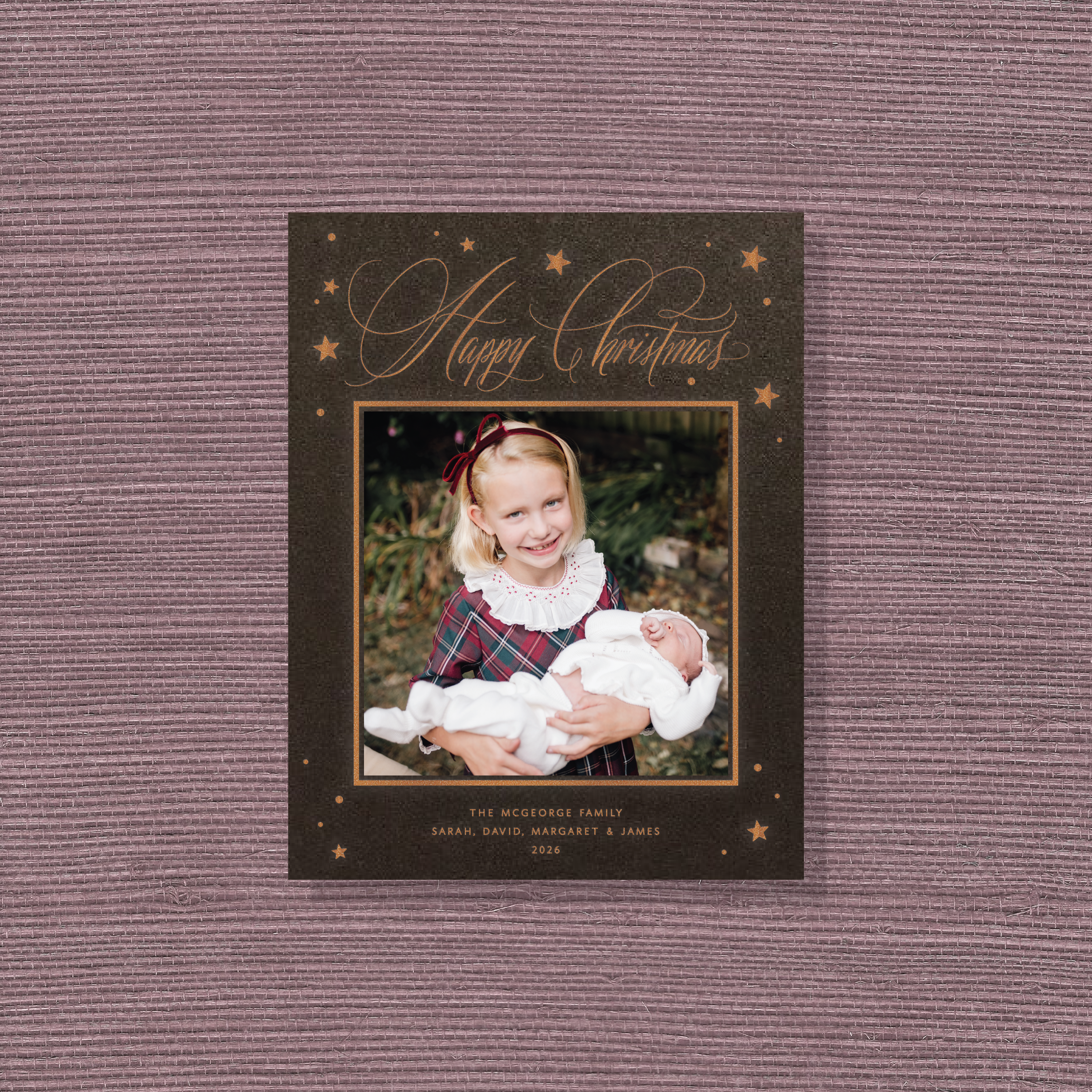 Keaton Engraved Holiday Card featuring hand-lettered “Happy Christmas” calligraphy, illustrated stars, and a favorite family photograph.