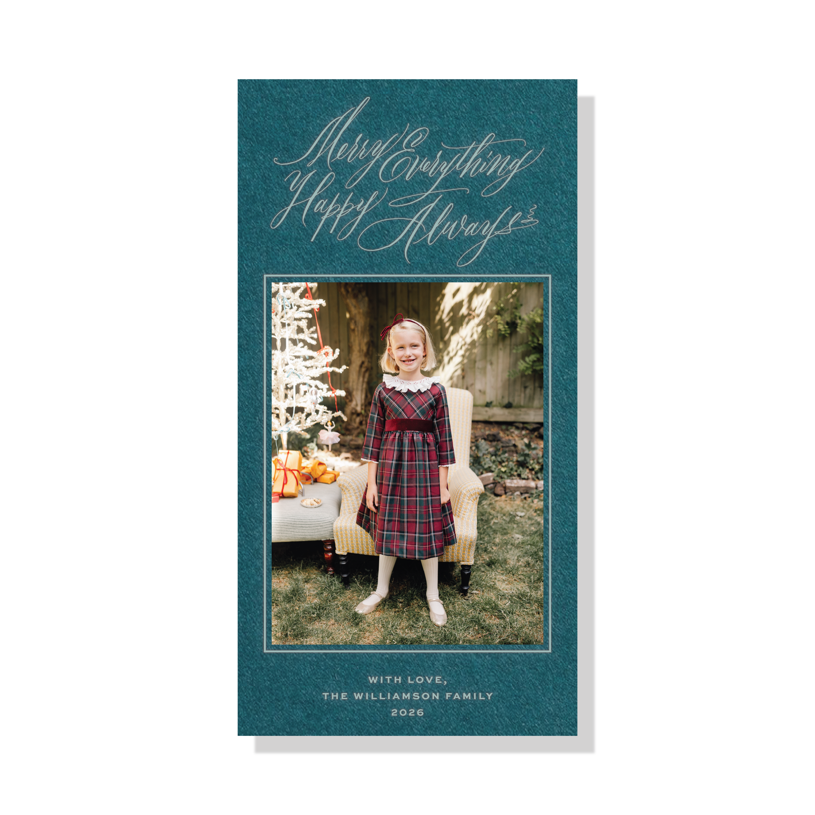 Kingsley Engraved Holiday Card featuring hand-lettered “Merry Everything, Happy Always” artwork, a family photograph, and traditional engraving.