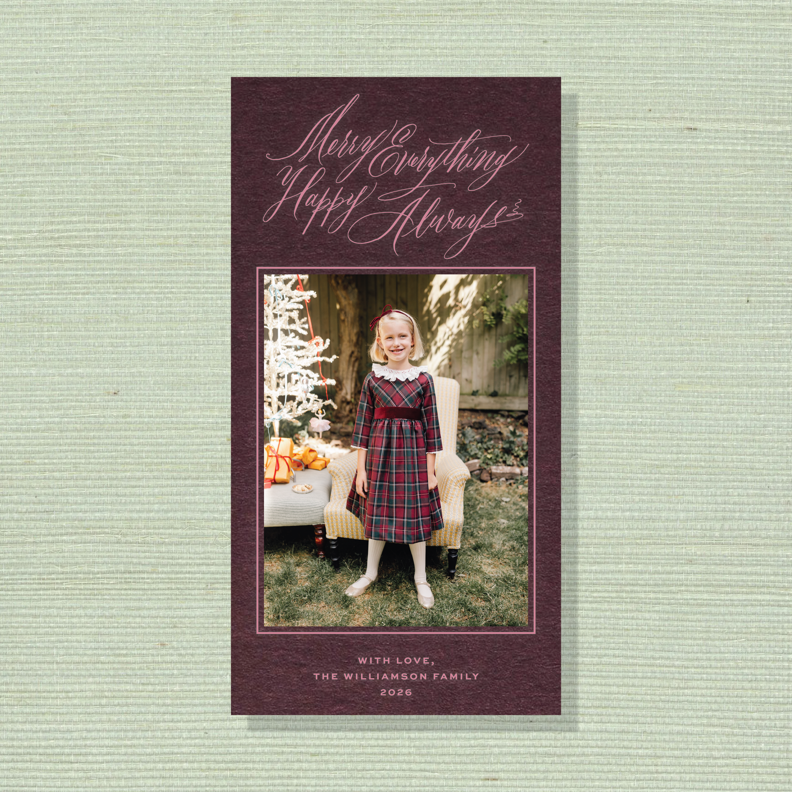 Kingsley Engraved Holiday Card featuring hand-lettered “Merry Everything, Happy Always” artwork, a family photograph, and traditional engraving.