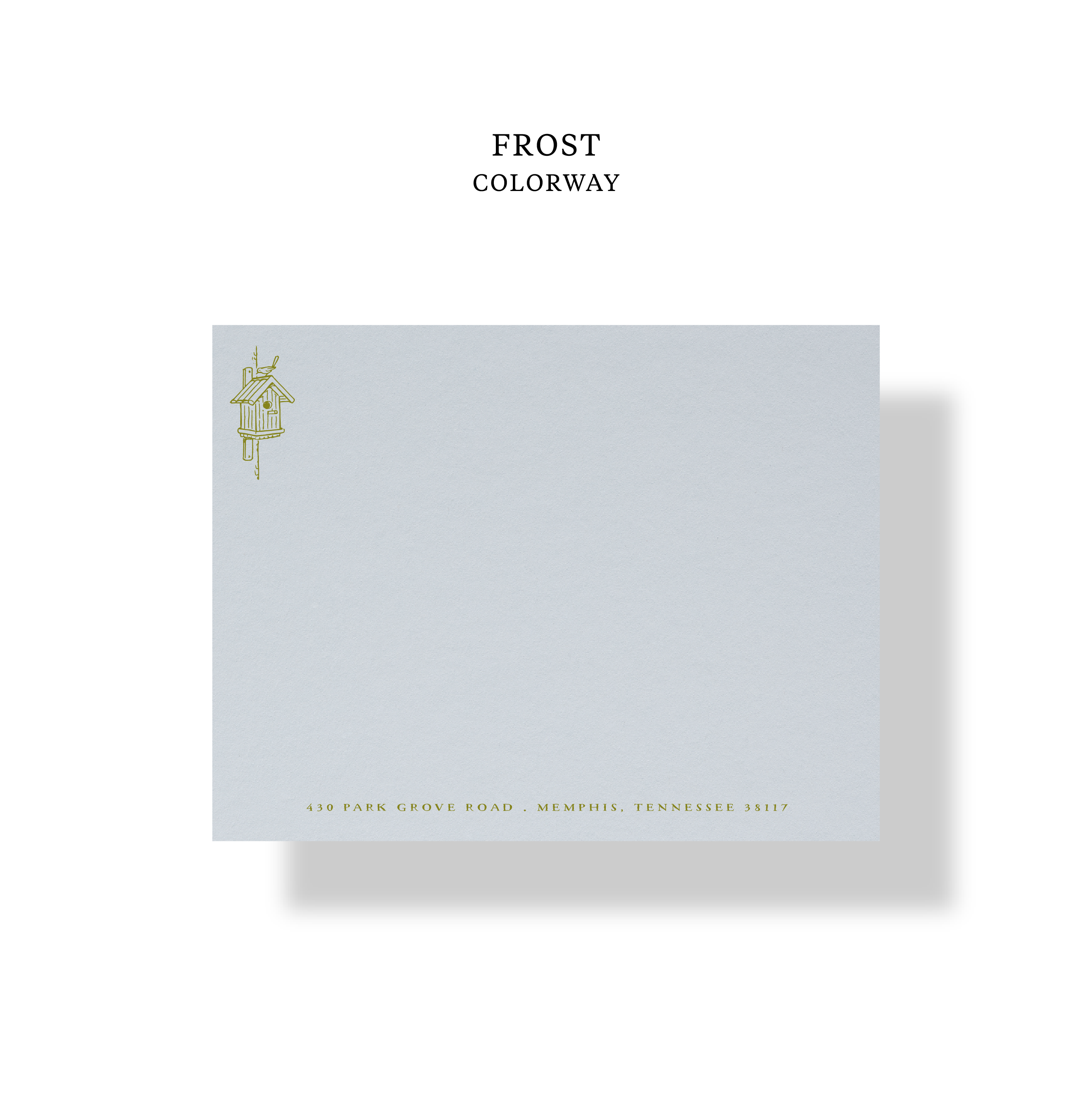 Luxury letterpress stationery with birdhouse motif and colored envelope