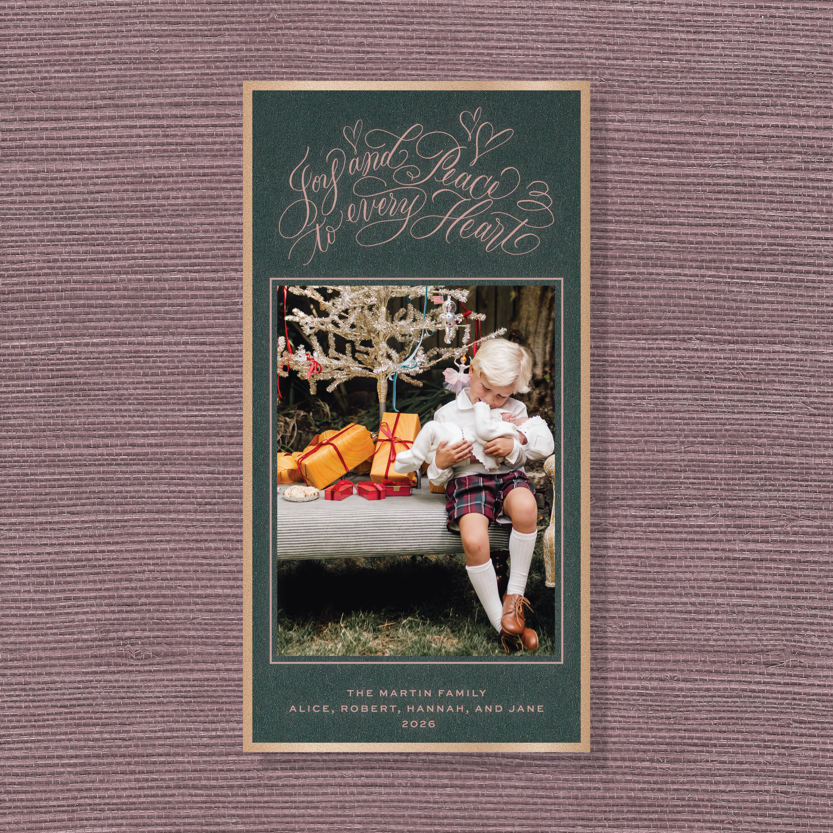 Langley Engraved Holiday Card featuring “Love and Peace to Every Heart” Spencerian calligraphy, a family photograph, and traditional engraving.