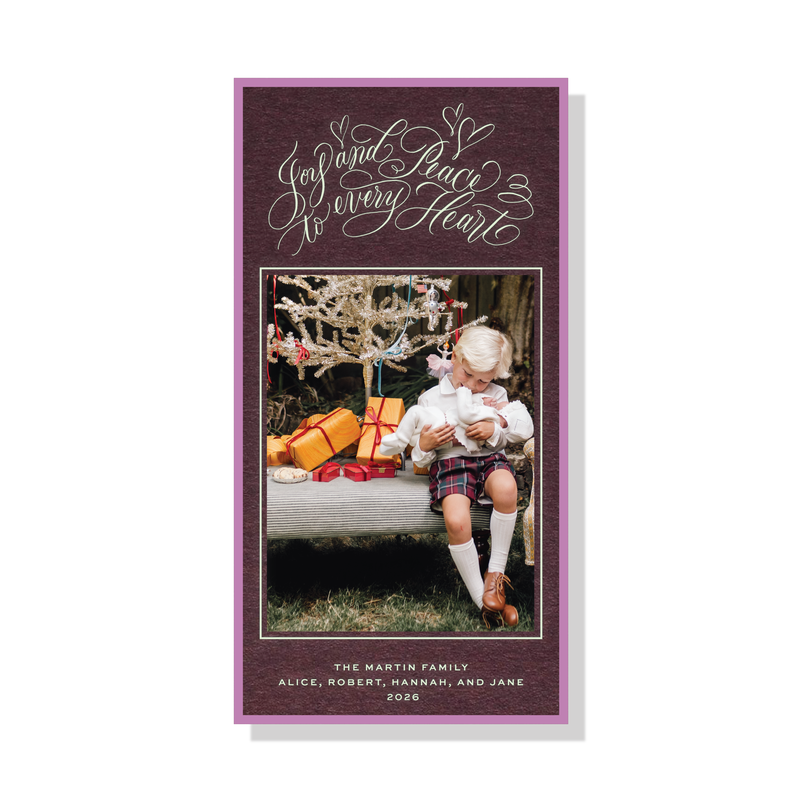 Langley Engraved Holiday Card featuring “Love and Peace to Every Heart” Spencerian calligraphy, a family photograph, and traditional engraving.