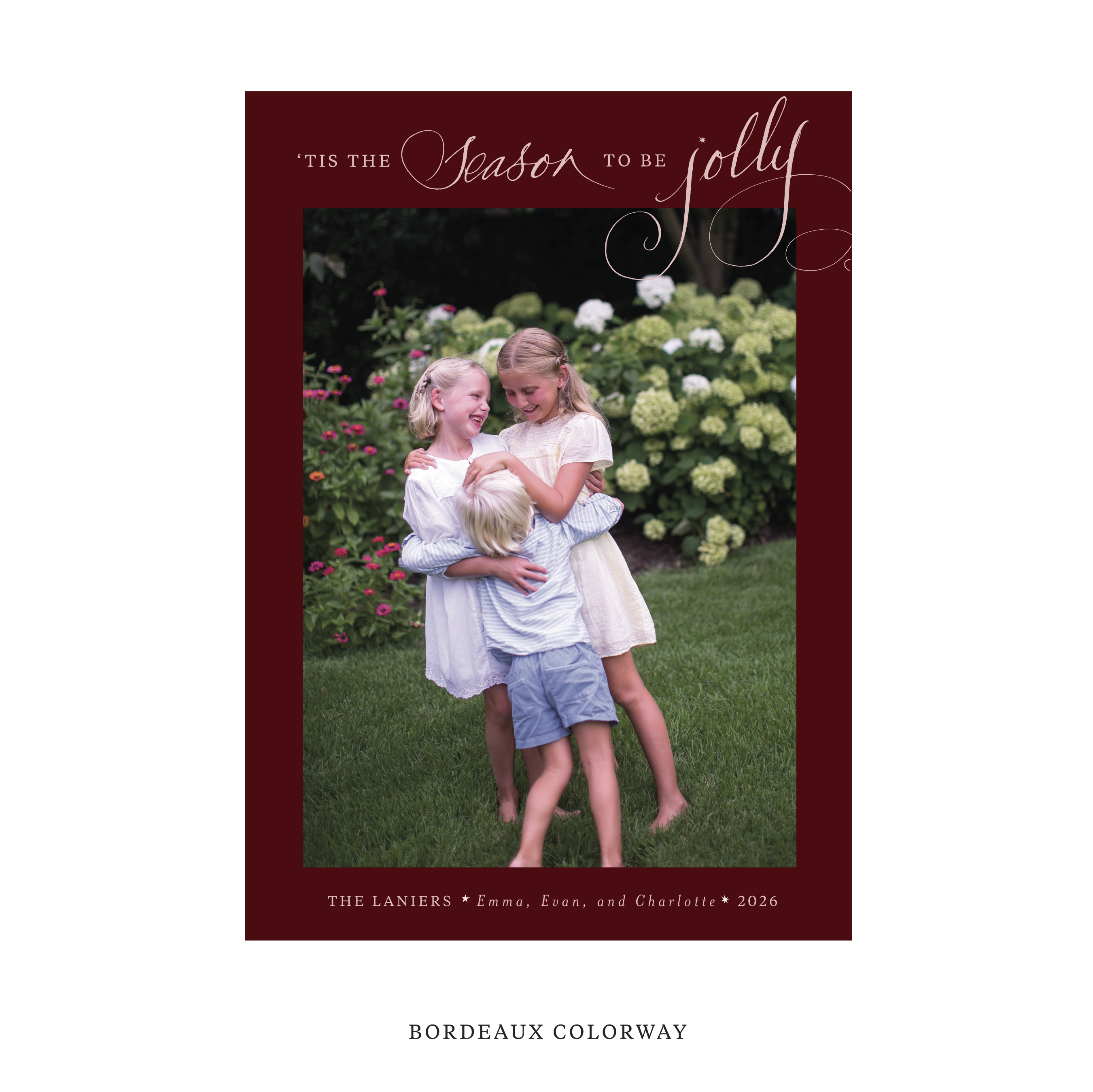 Celebrate the season with the Lanier "Tis the Season to be Jolly" Holiday Card by Stovall Collection. Featuring original hand-lettered artwork, this luxury personalized photo mount holiday card is available in 22 thoughtfully curated flat printing colorways.