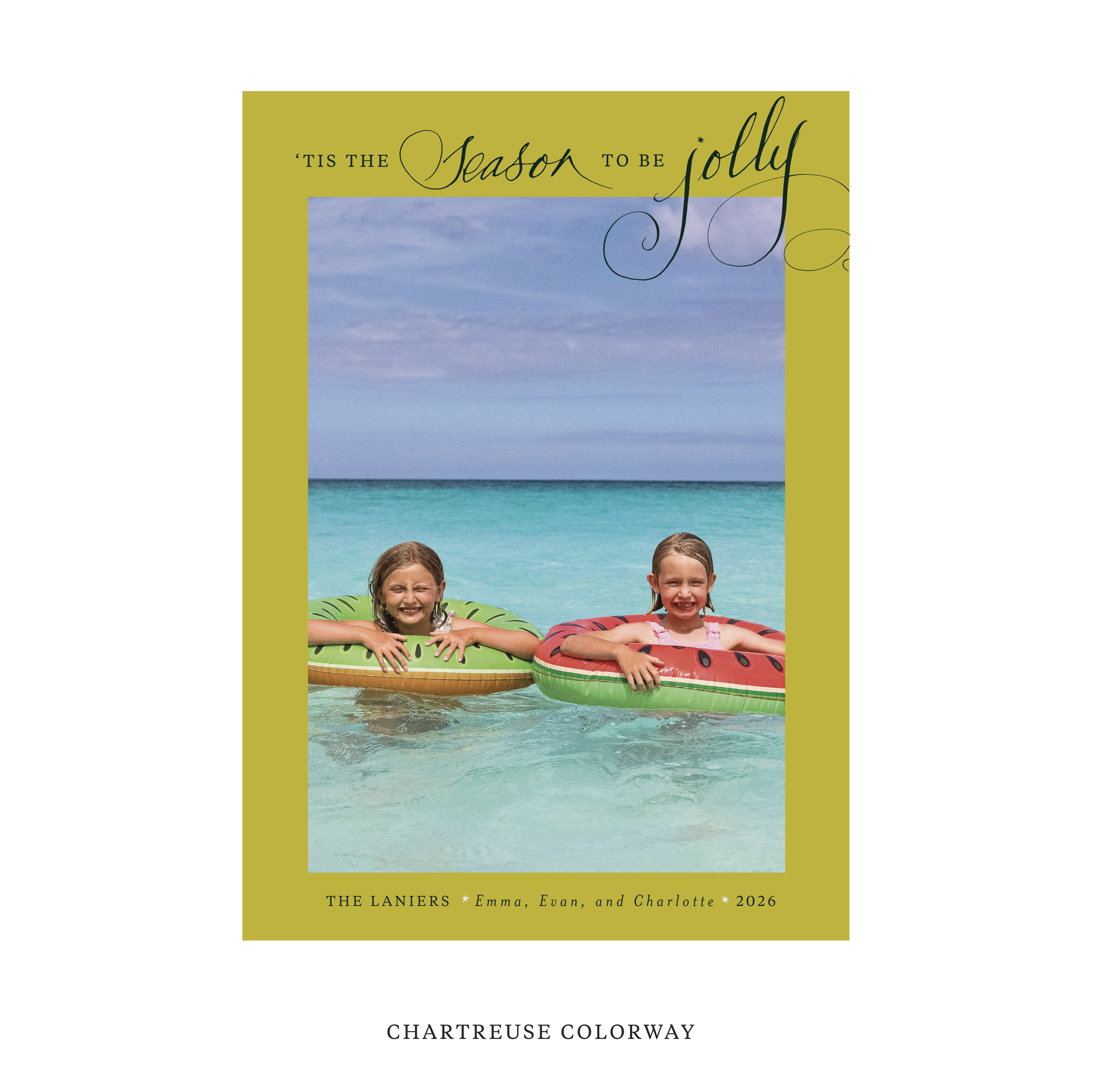 Celebrate the season with the Lanier "Tis the Season to be Jolly" Holiday Card by Stovall Collection. Featuring original hand-lettered artwork, this luxury personalized photo mount holiday card is available in 22 thoughtfully curated flat printing colorways.