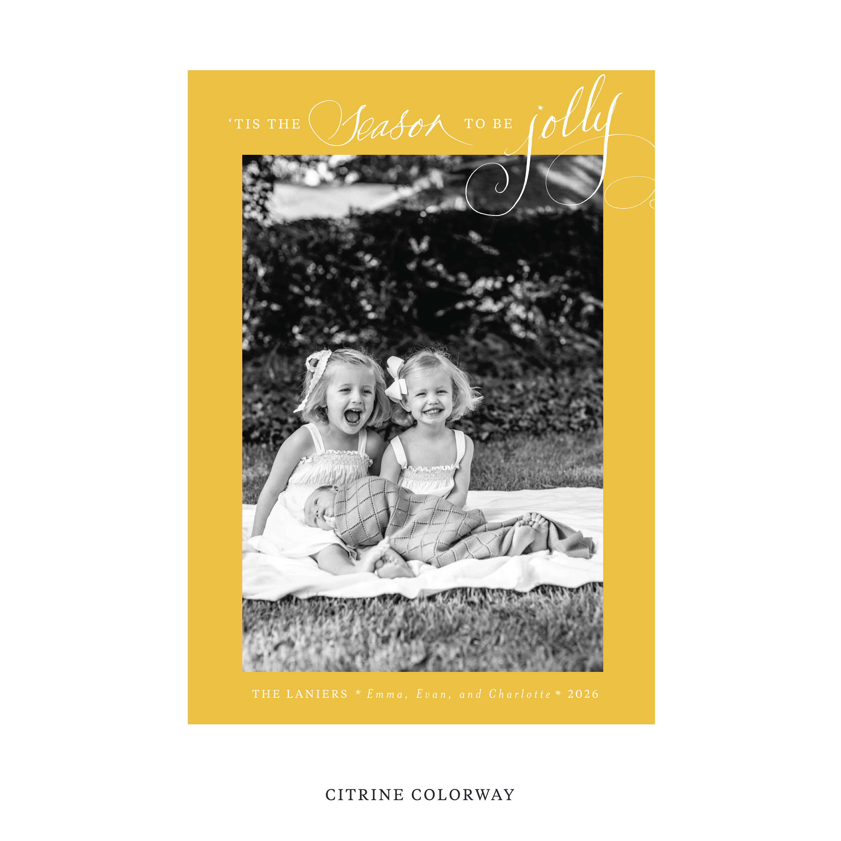 Celebrate the season with the Lanier "Tis the Season to be Jolly" Holiday Card by Stovall Collection. Featuring original hand-lettered artwork, this luxury personalized photo mount holiday card is available in 22 thoughtfully curated flat printing colorways.