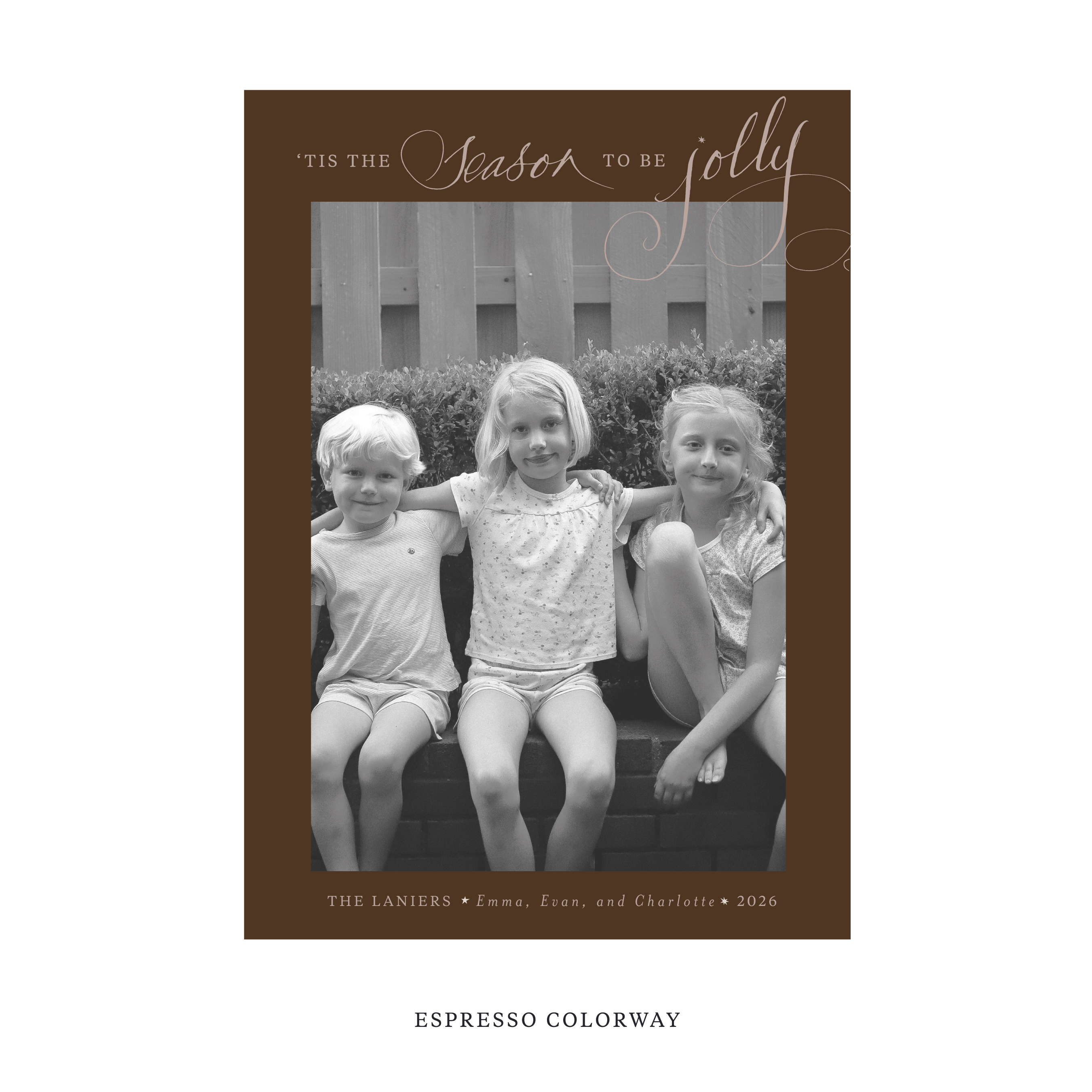 Celebrate the season with the Lanier "Tis the Season to be Jolly" Holiday Card by Stovall Collection. Featuring original hand-lettered artwork, this luxury personalized photo mount holiday card is available in 22 thoughtfully curated flat printing colorways.