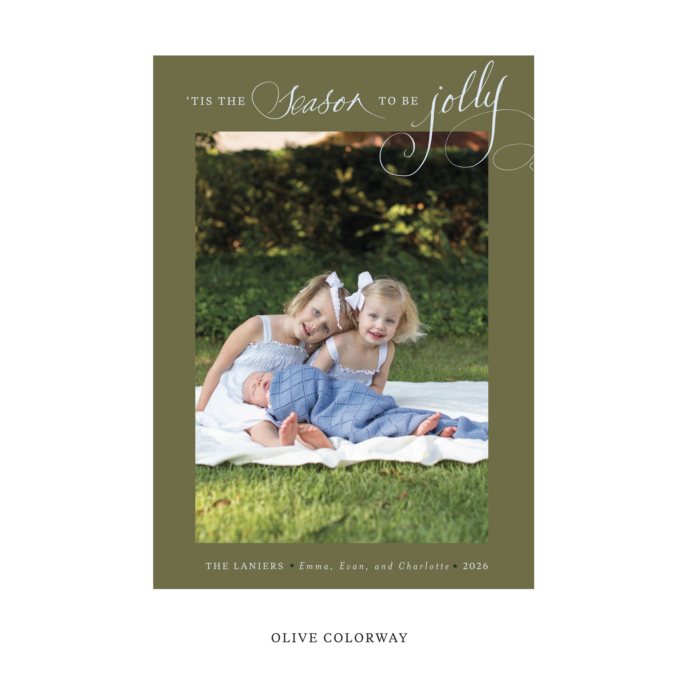 Celebrate the season with the Lanier "Tis the Season to be Jolly" Holiday Card by Stovall Collection. Featuring original hand-lettered artwork, this luxury personalized photo mount holiday card is available in 22 thoughtfully curated flat printing colorways.