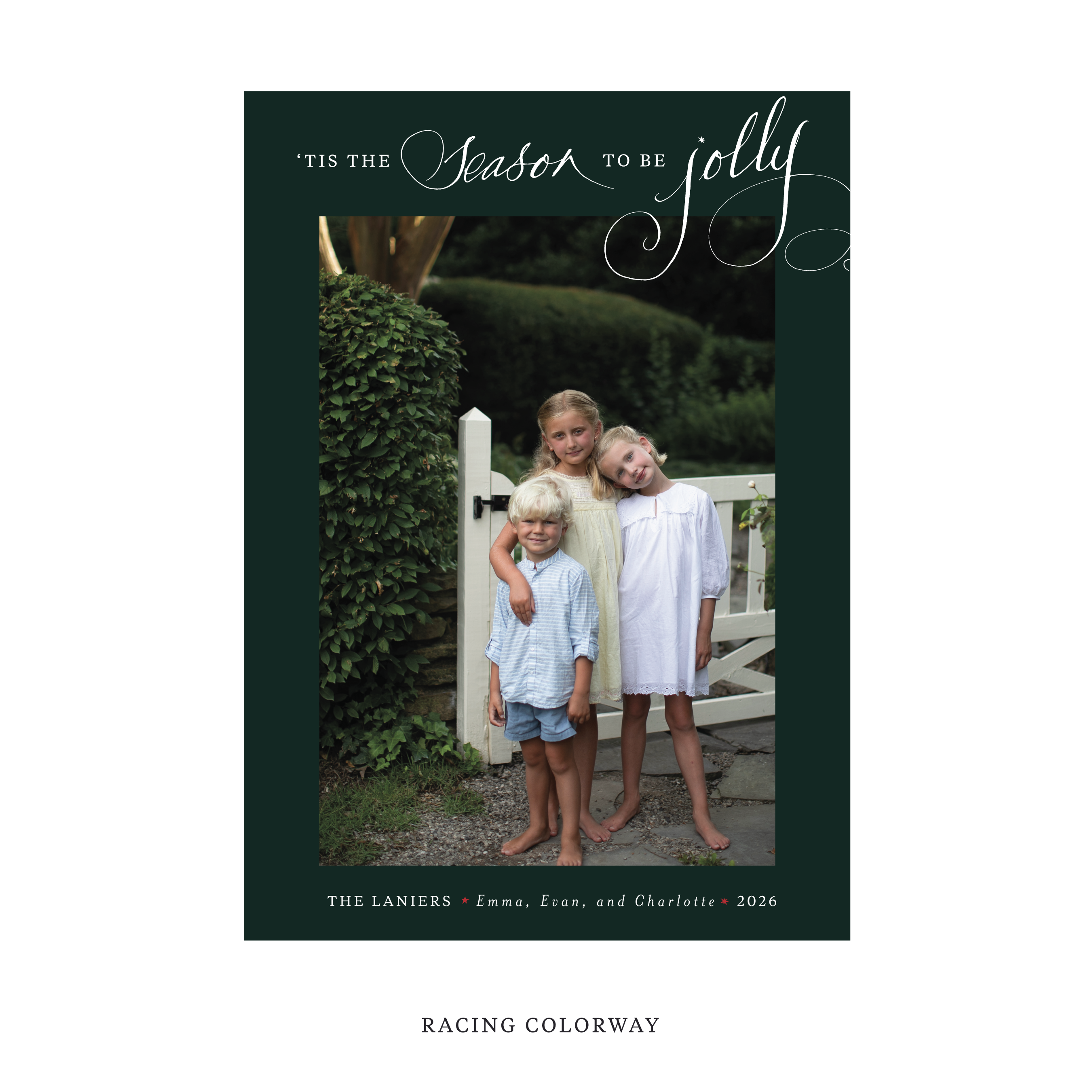 Celebrate the season with the Lanier "Tis the Season to be Jolly" Holiday Card by Stovall Collection. Featuring original hand-lettered artwork, this luxury personalized photo mount holiday card is available in 22 thoughtfully curated flat printing colorways.