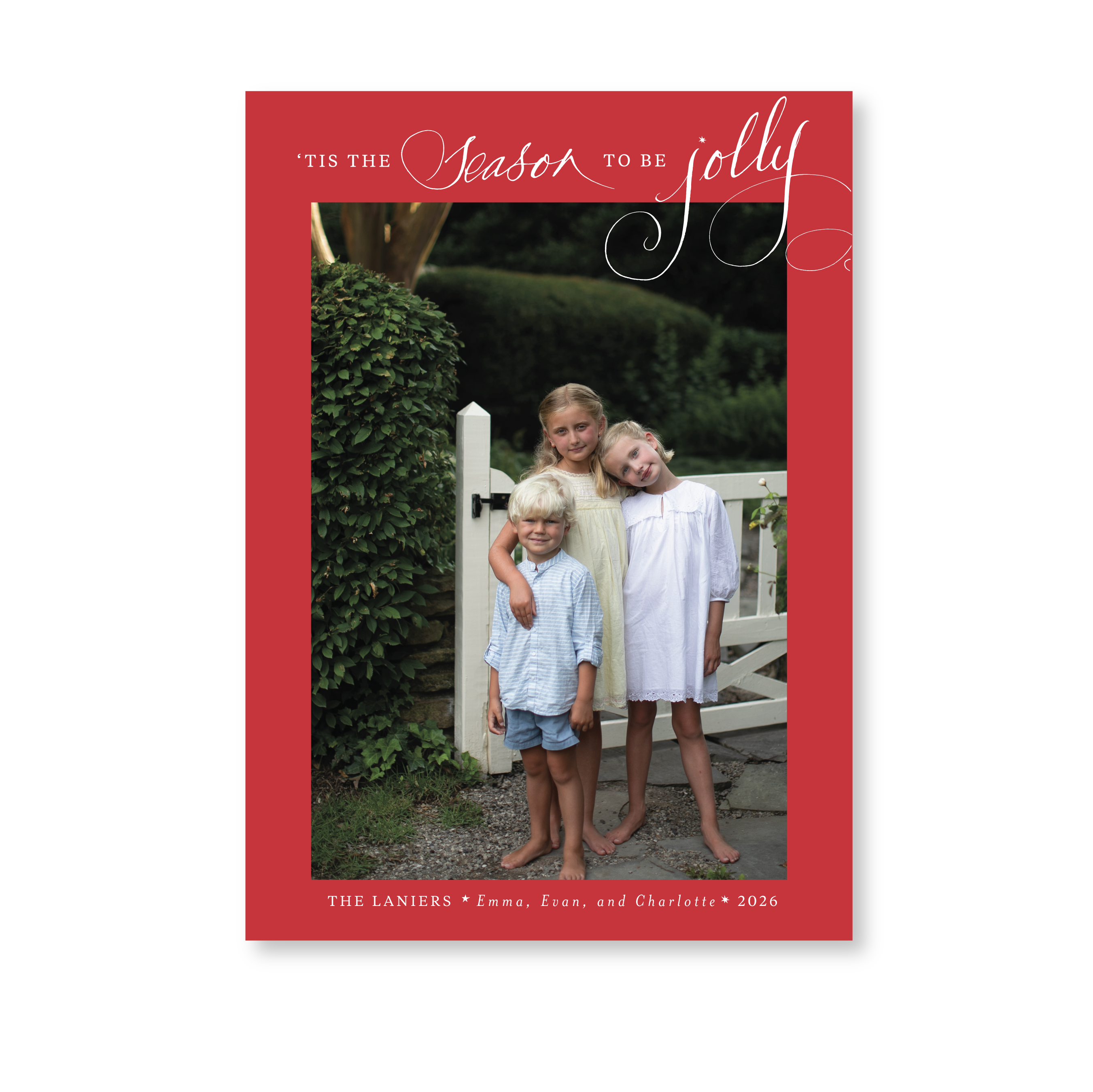 Celebrate the season with the Lanier "Tis the Season to be Jolly" Holiday Card by Stovall Collection. Featuring original hand-lettered artwork, this luxury personalized photo mount holiday card is available in 22 thoughtfully curated flat printing colorways.
