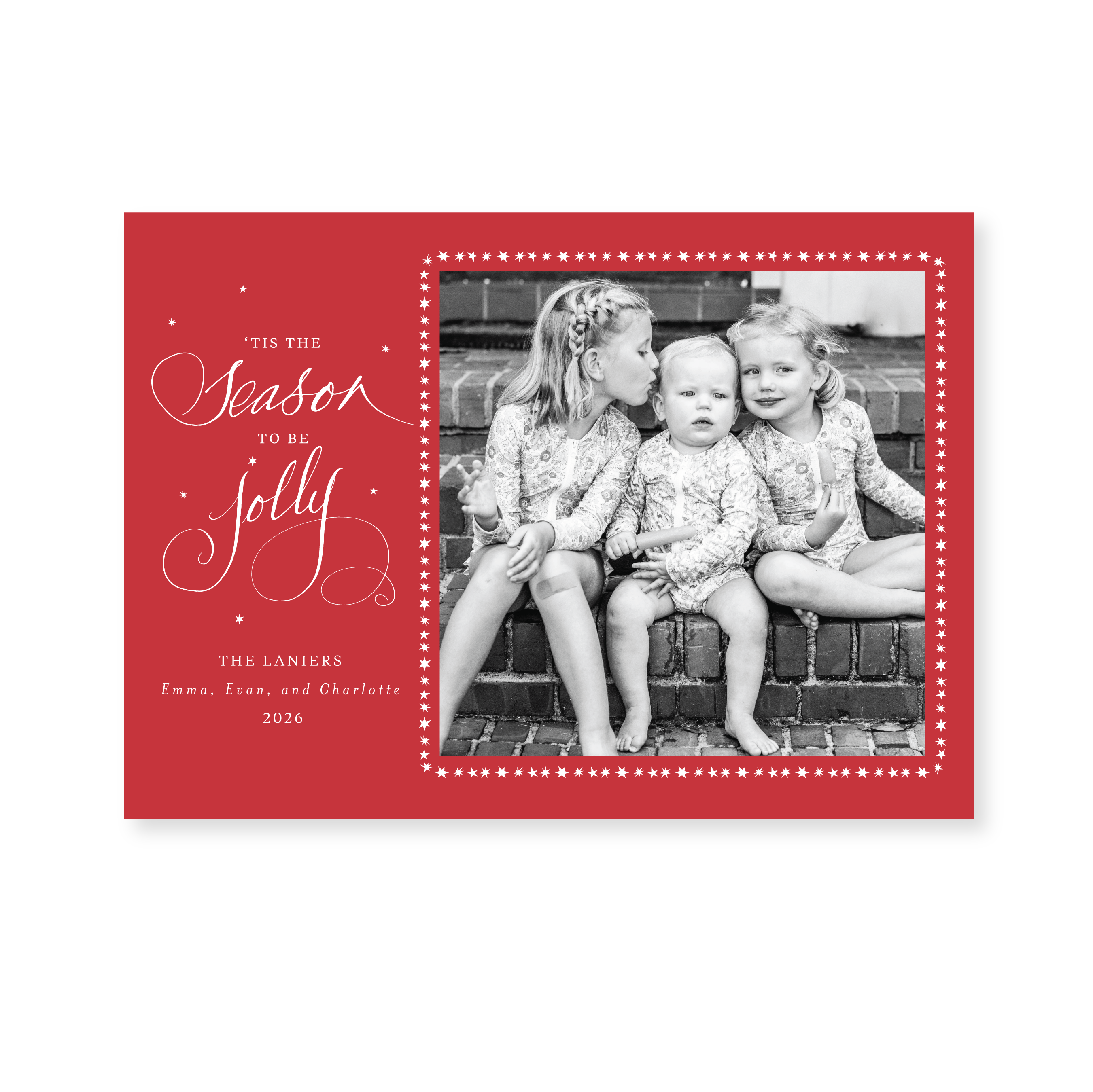 Lanier Classic Flat Print "'Tis the Season to Be Jolly" photo holiday card featuring original pen-and-ink artwork by Stovall Collection.
