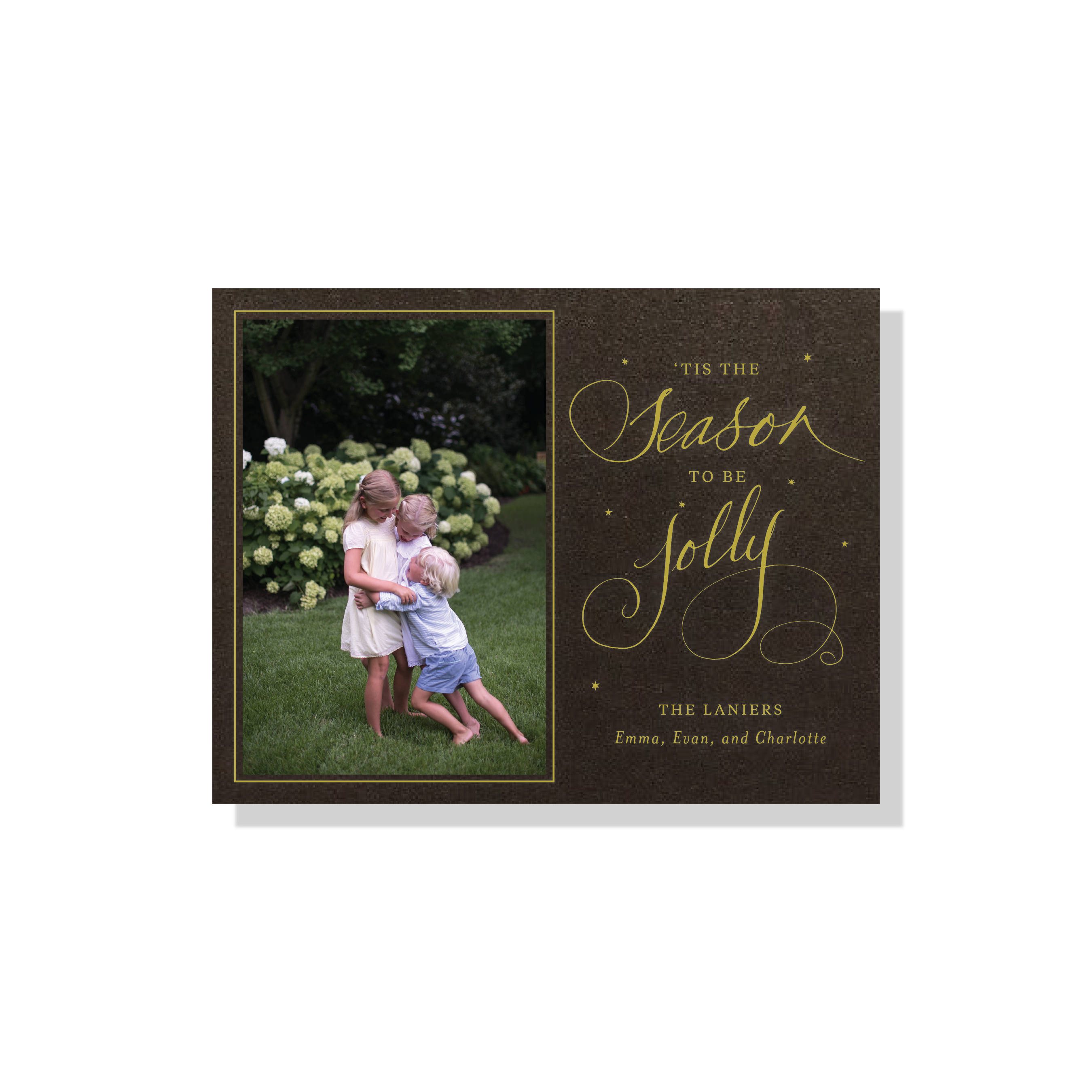 Lanier Engraved Christmas Photo Card with a favorite family portrait and graceful “‘Tis the Season to Be Jolly” calligraphy.
