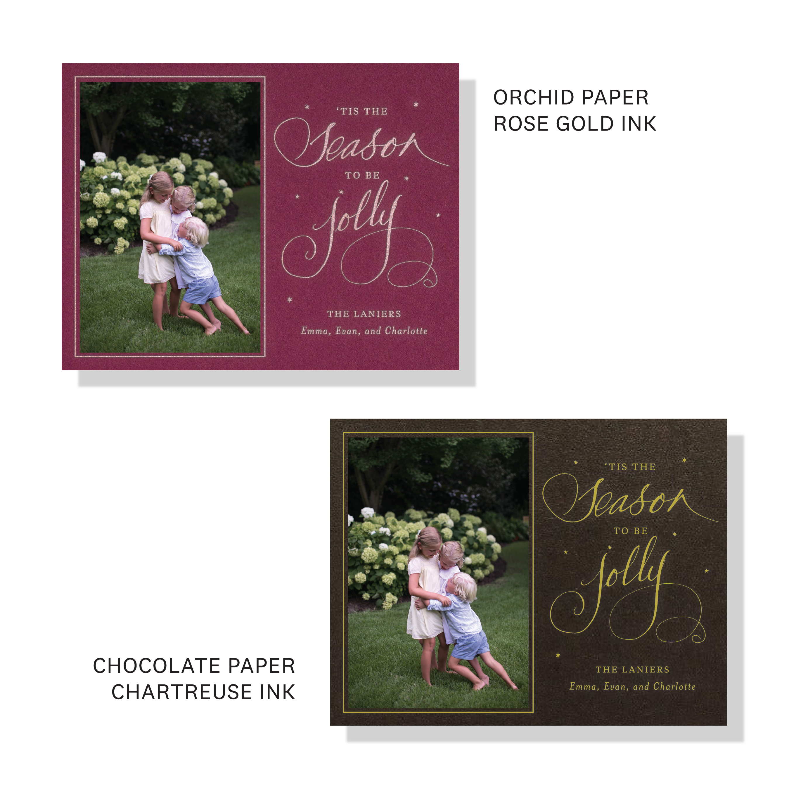 Lanier Engraved Christmas Photo Card with a favorite family portrait and graceful “‘Tis the Season to Be Jolly” calligraphy.