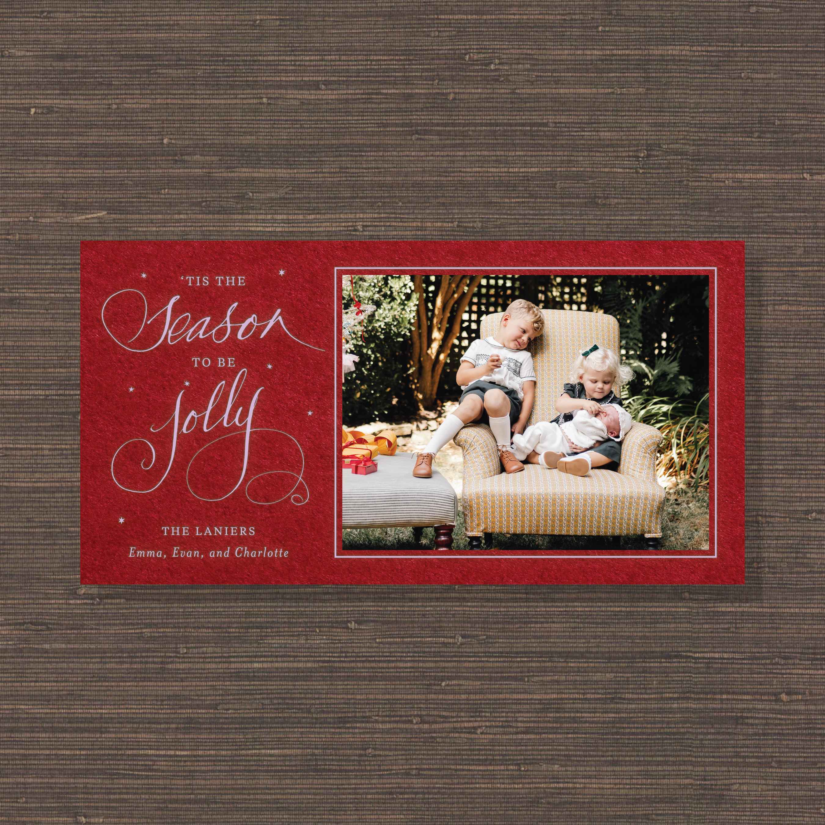 Lanier Engraved Holiday Card featuring hand-lettered “‘Tis the Season to Be Jolly” artwork, a family photograph, and traditional engraving.