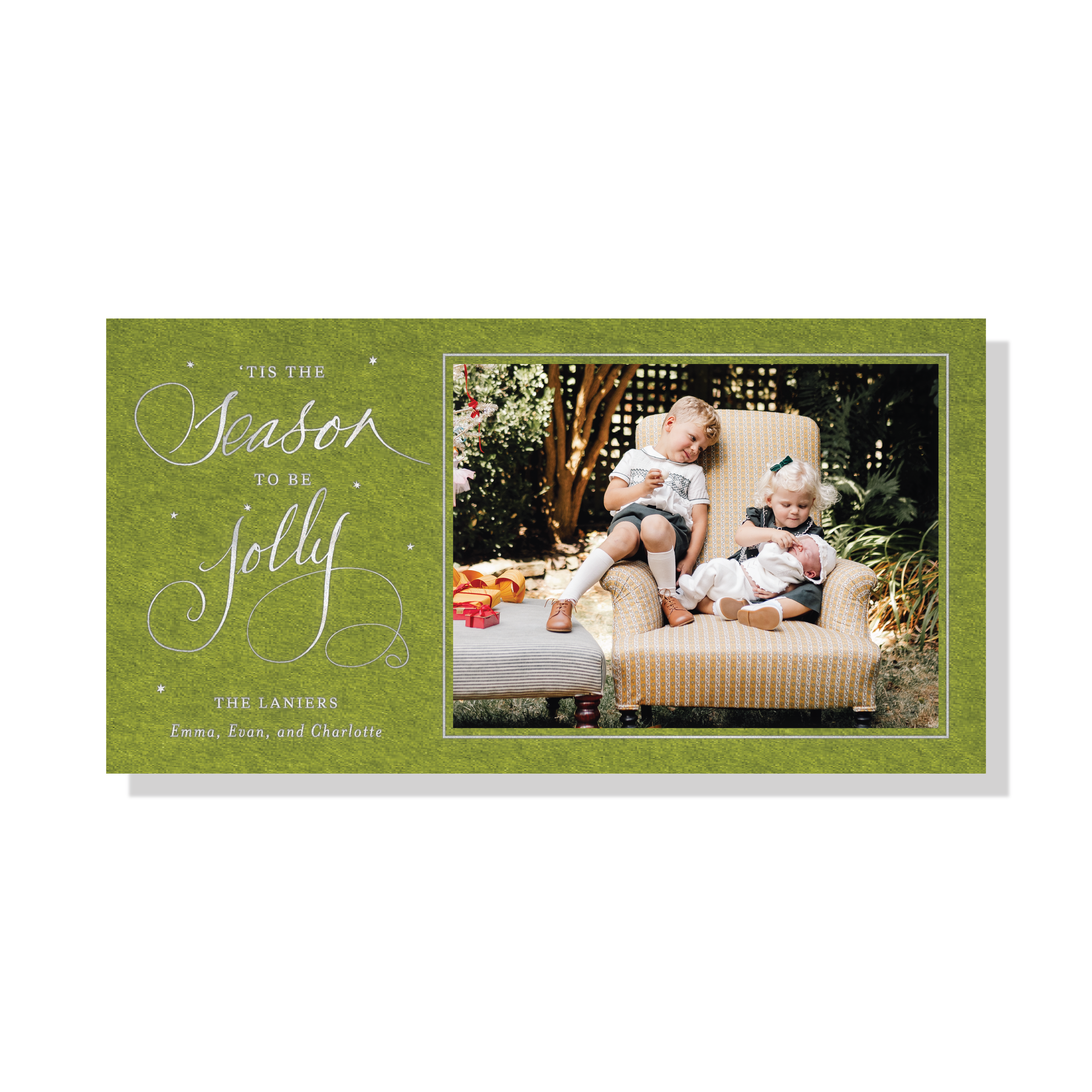 Lanier Engraved Holiday Card featuring hand-lettered “‘Tis the Season to Be Jolly” artwork, a family photograph, and traditional engraving.