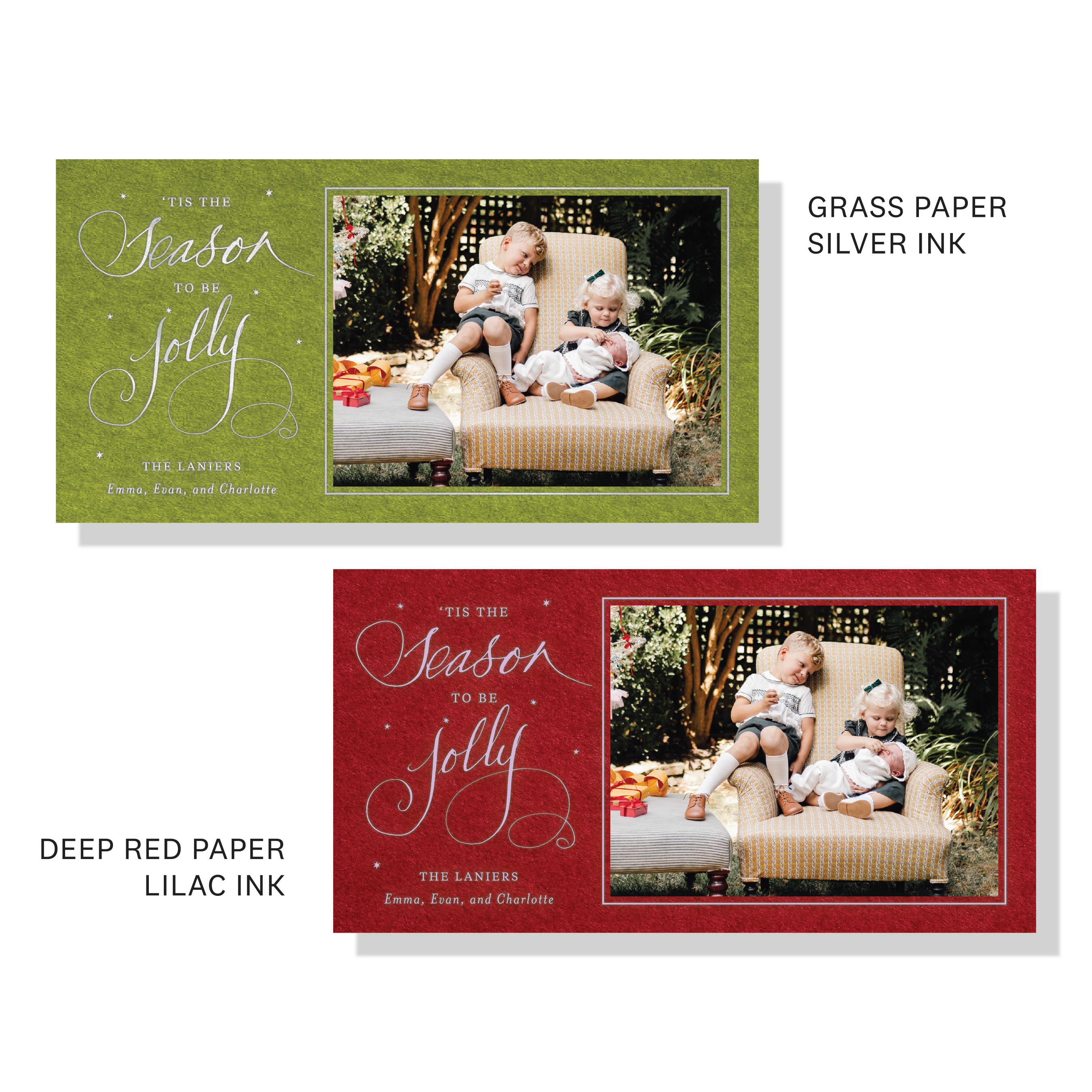 Lanier Engraved Holiday Card featuring hand-lettered “‘Tis the Season to Be Jolly” artwork, a family photograph, and traditional engraving.