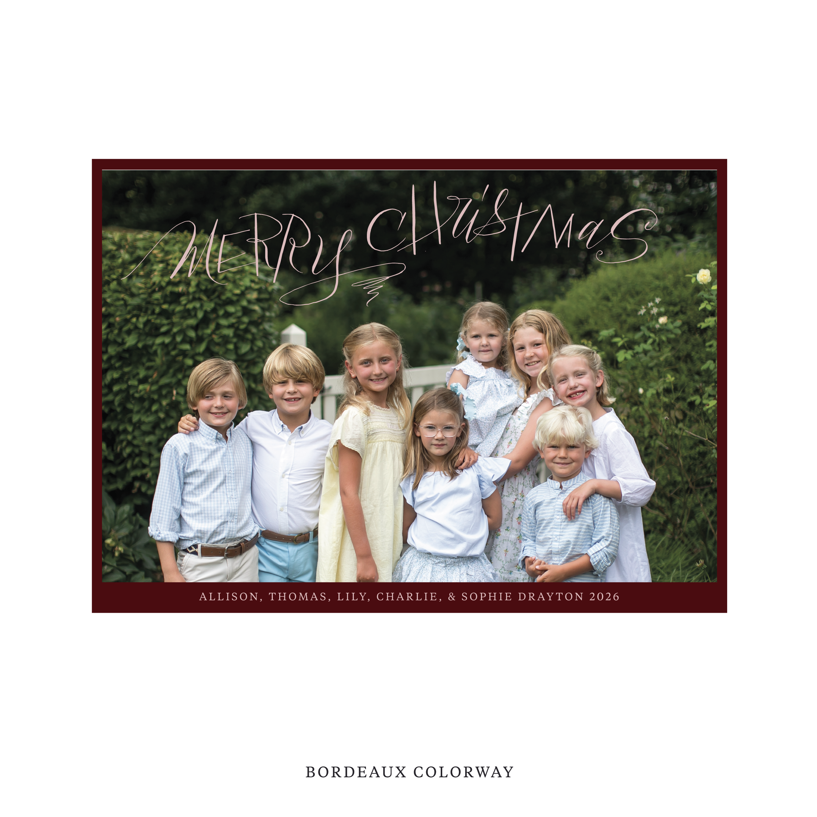 Celebrate the season with the Larkin "Merry Christmas" Holiday Card by Stovall Collection. Featuring original hand-lettered artwork, this luxury personalized photo mount holiday card is available in 22 thoughtfully curated flat printing colorways.