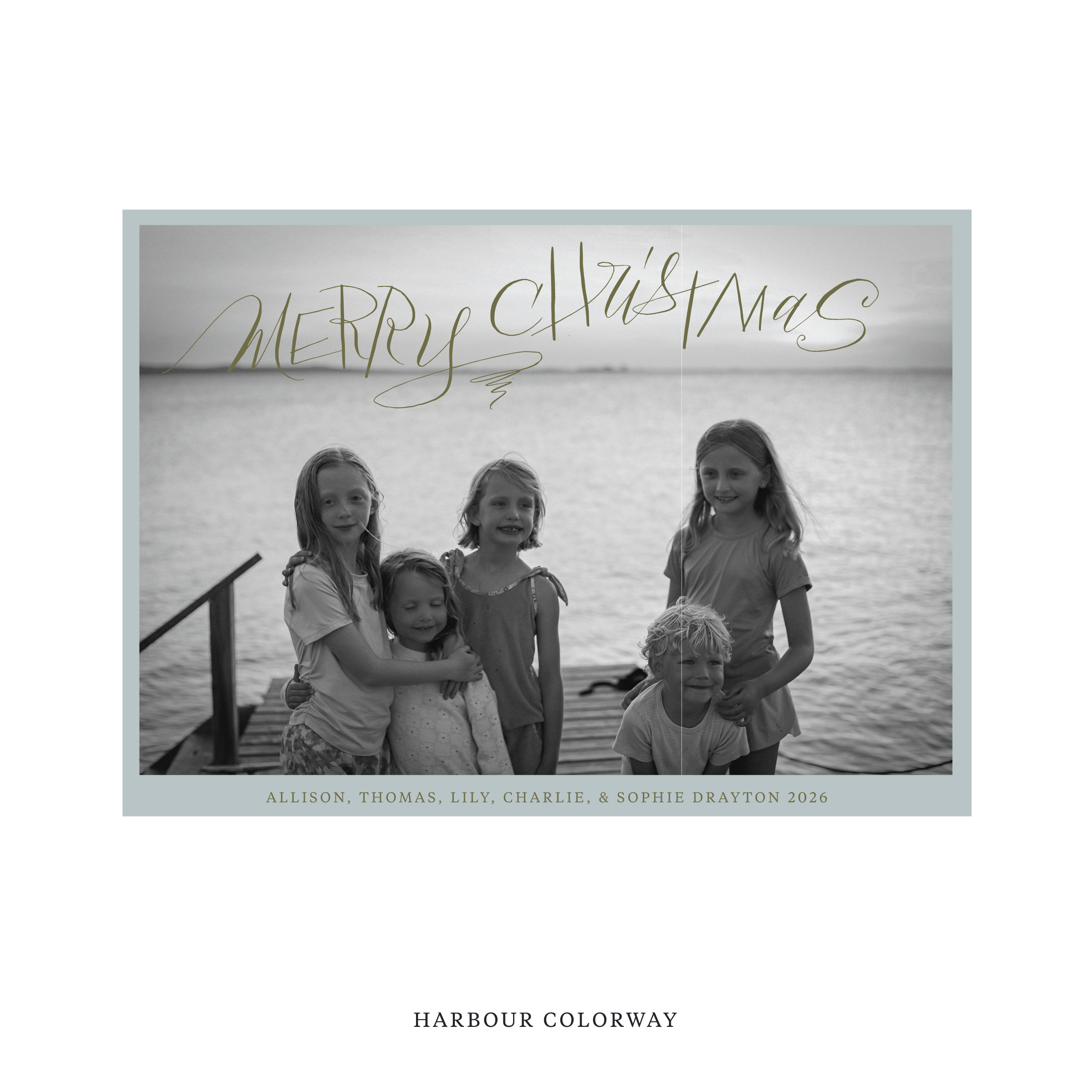 Celebrate the season with the Larkin "Merry Christmas" Holiday Card by Stovall Collection. Featuring original hand-lettered artwork, this luxury personalized photo mount holiday card is available in 22 thoughtfully curated flat printing colorways.