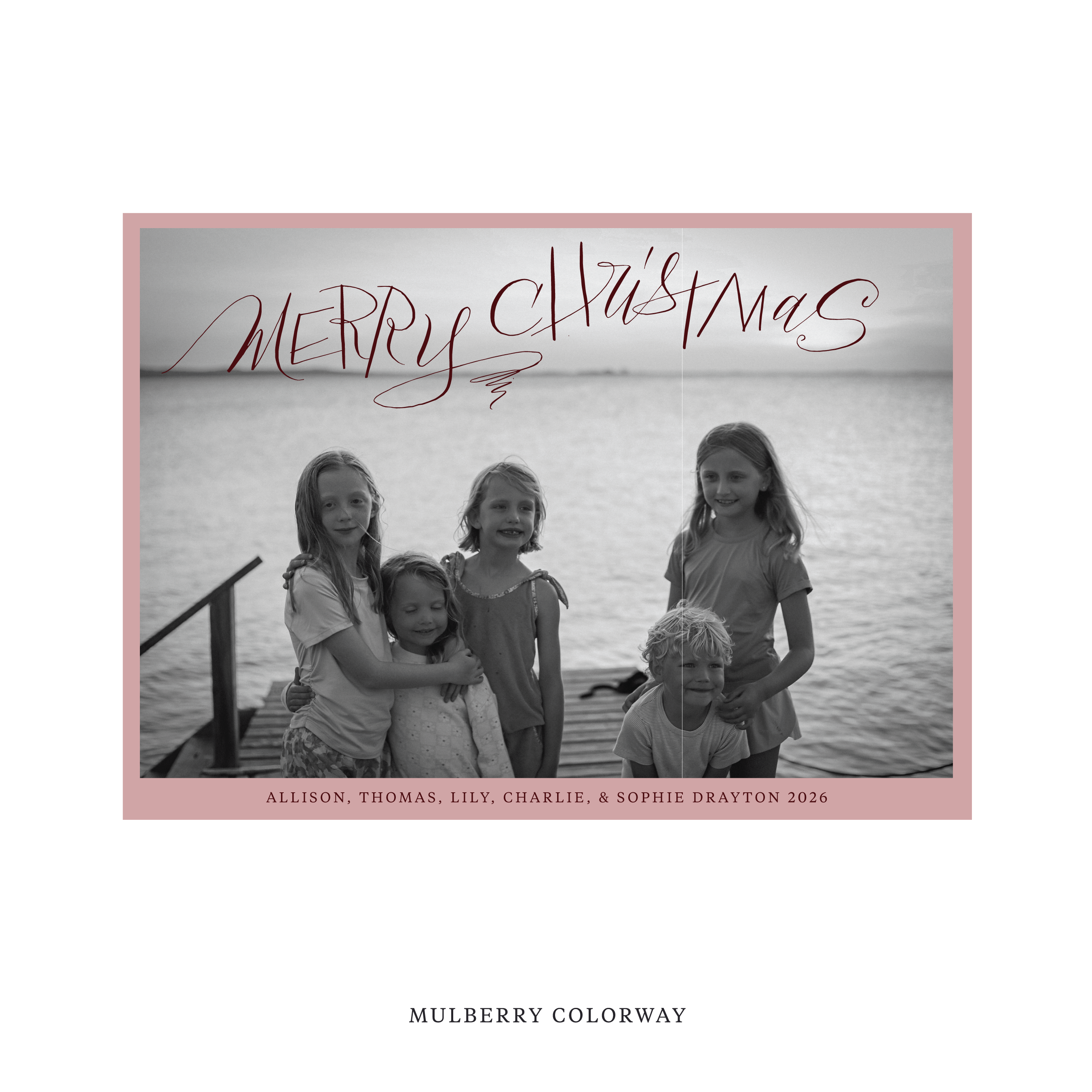 Celebrate the season with the Larkin "Merry Christmas" Holiday Card by Stovall Collection. Featuring original hand-lettered artwork, this luxury personalized photo mount holiday card is available in 22 thoughtfully curated flat printing colorways.