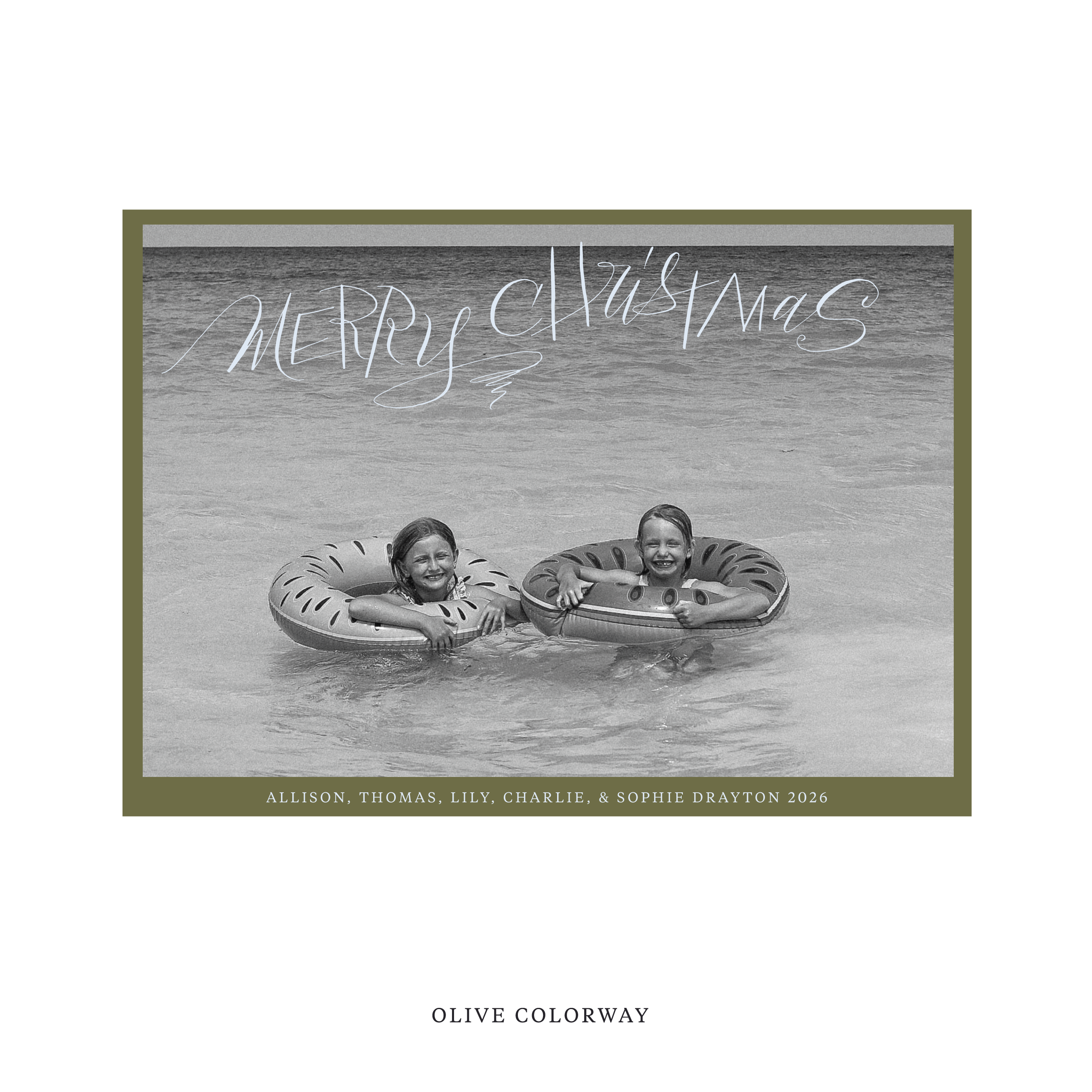 Celebrate the season with the Larkin "Merry Christmas" Holiday Card by Stovall Collection. Featuring original hand-lettered artwork, this luxury personalized photo mount holiday card is available in 22 thoughtfully curated flat printing colorways.