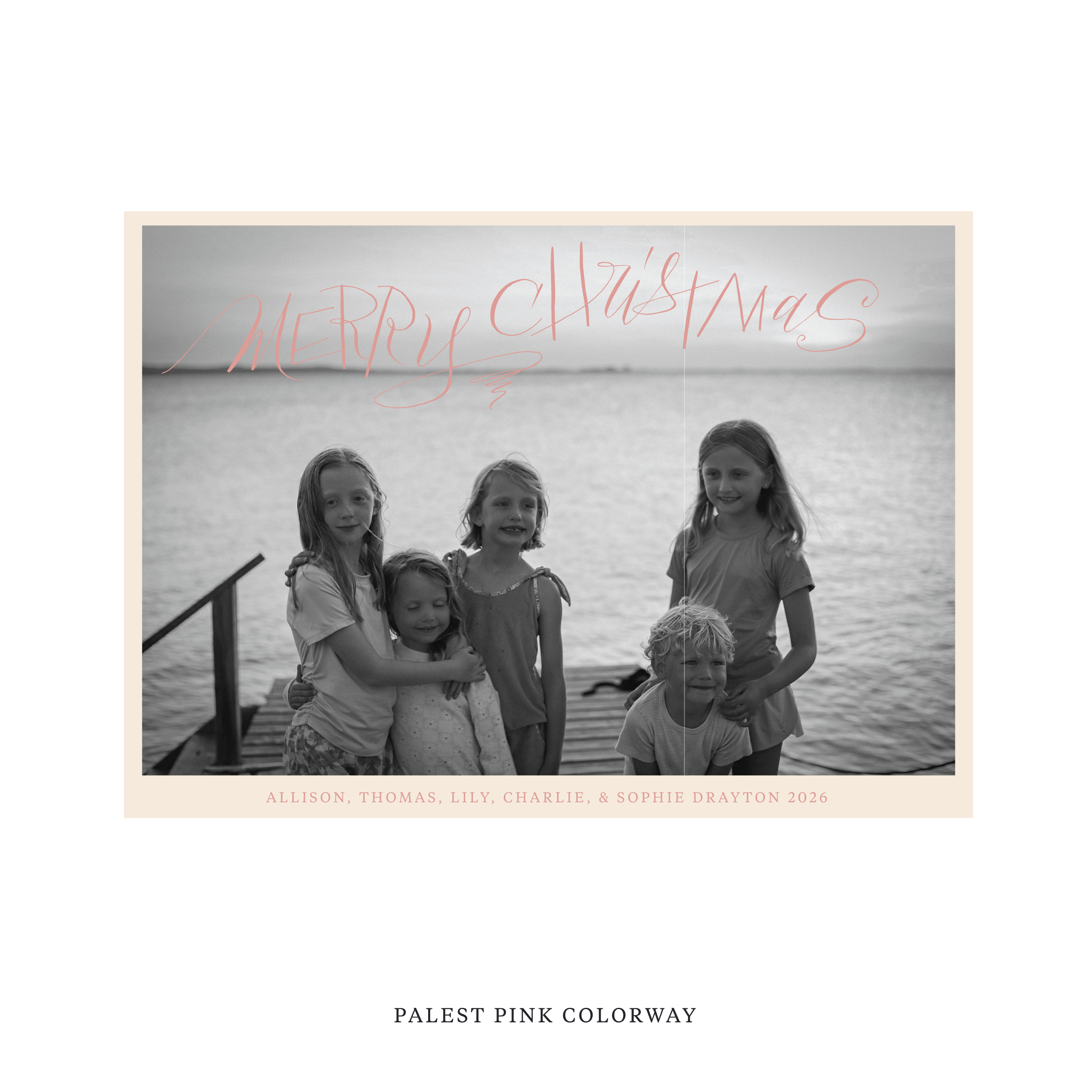 Celebrate the season with the Larkin "Merry Christmas" Holiday Card by Stovall Collection. Featuring original hand-lettered artwork, this luxury personalized photo mount holiday card is available in 22 thoughtfully curated flat printing colorways.