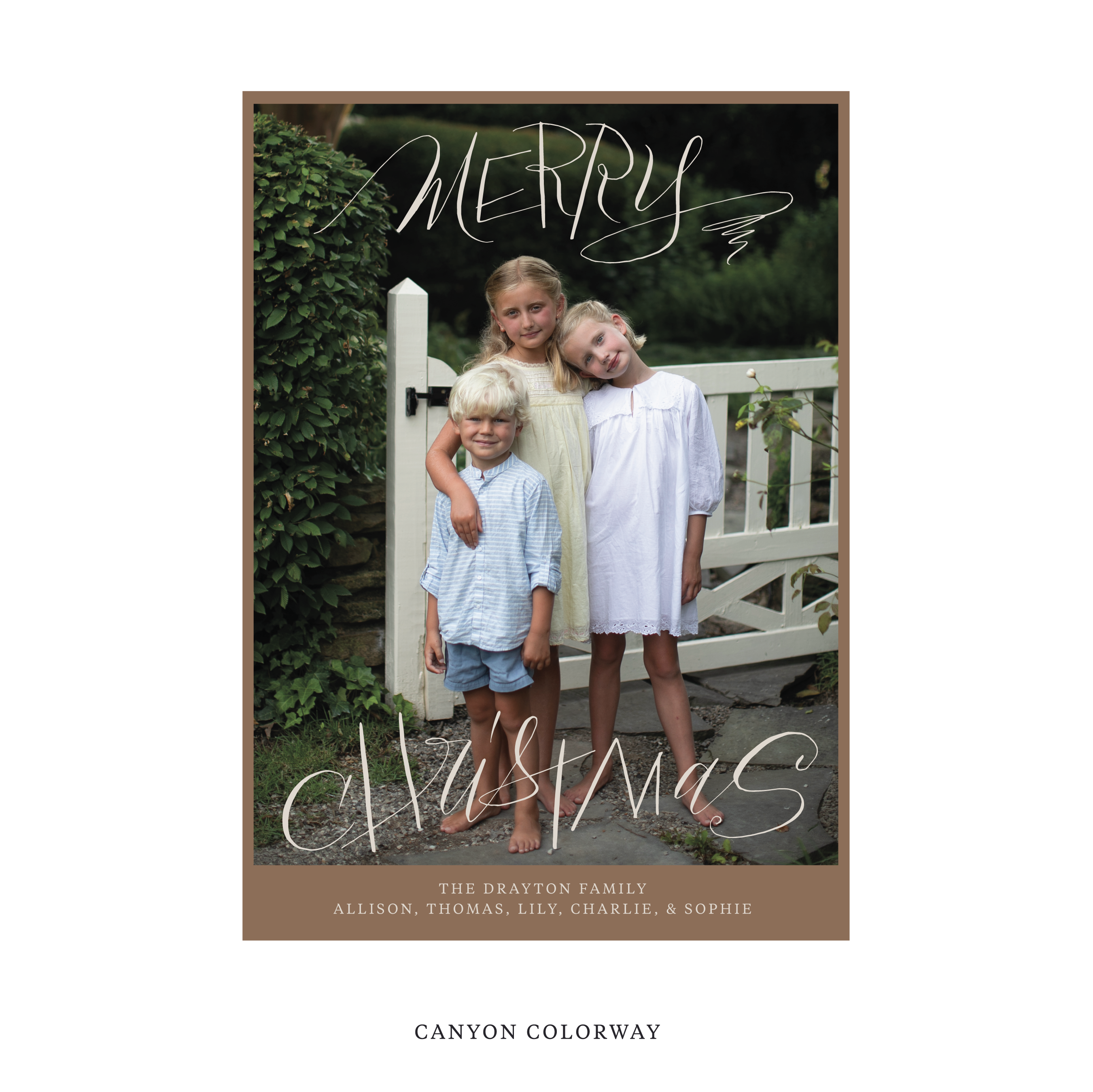Celebrate the season with the Larkin "Merry Christmas" Holiday Card by Stovall Collection. Featuring original hand-lettered artwork, this luxury personalized photo mount holiday card is available in 22 thoughtfully curated flat printing colorways.