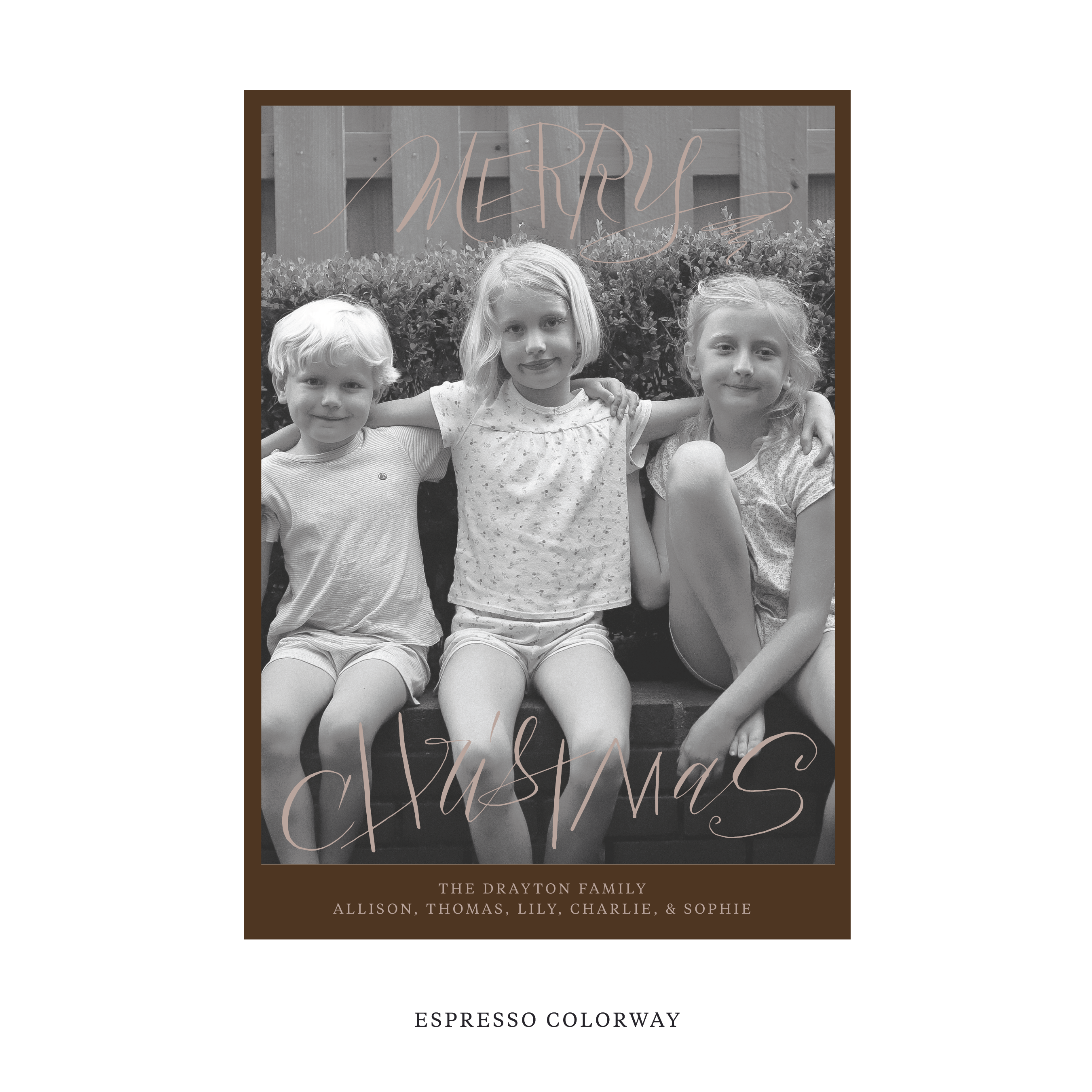 Celebrate the season with the Larkin "Merry Christmas" Holiday Card by Stovall Collection. Featuring original hand-lettered artwork, this luxury personalized photo mount holiday card is available in 22 thoughtfully curated flat printing colorways.