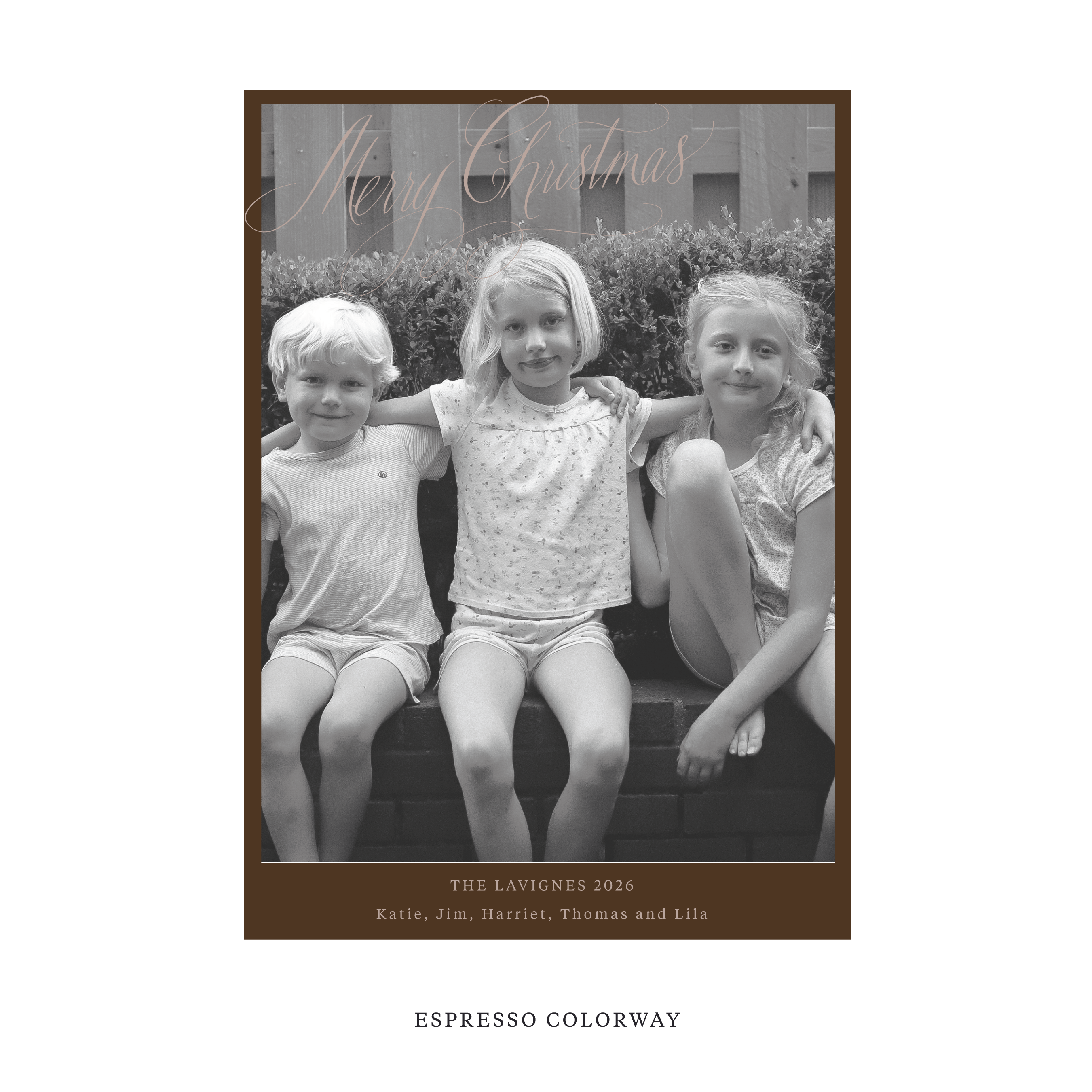 Celebrate the season with the Lavigne "Merry Christmas" Holiday Card by Stovall Collection. Featuring original hand-lettered artwork, this luxury personalized photo mount holiday card is available in 22 thoughtfully curated flat printing colorways.
