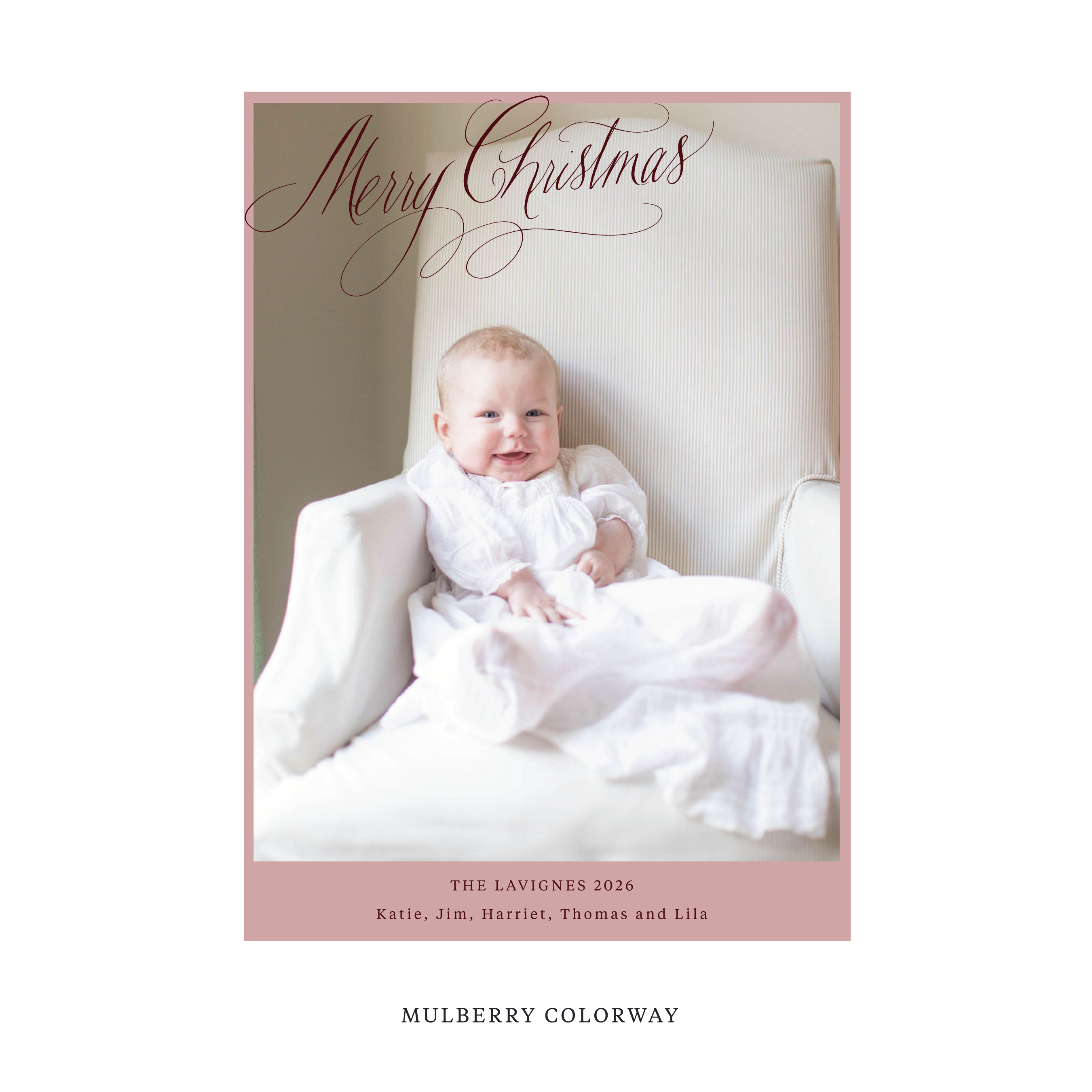 Celebrate the season with the Lavigne "Merry Christmas" Holiday Card by Stovall Collection. Featuring original hand-lettered artwork, this luxury personalized photo mount holiday card is available in 22 thoughtfully curated flat printing colorways.