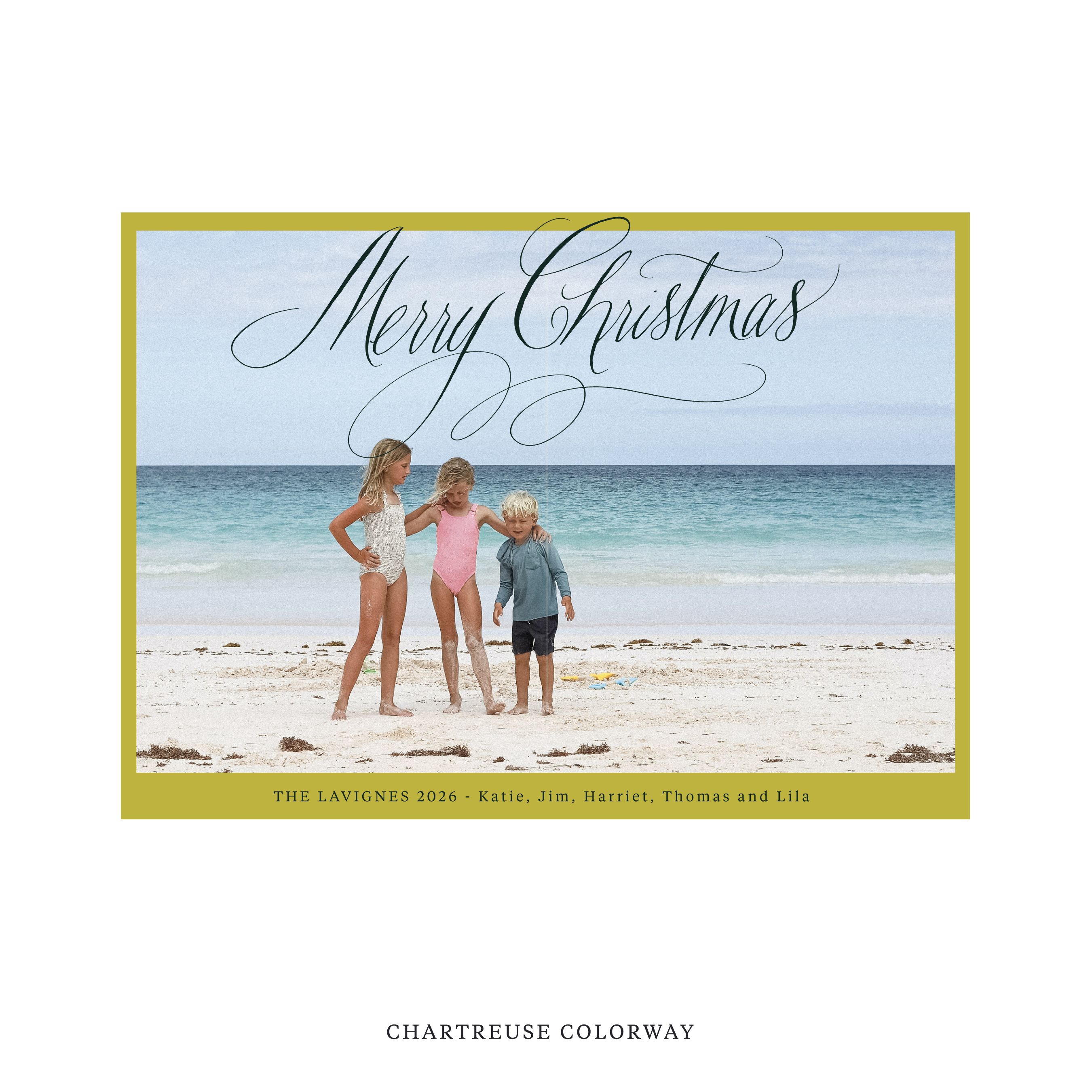 Celebrate the season with the Lavigne "Merry Christmas" Holiday Card by Stovall Collection. Featuring original hand-lettered artwork, this luxury personalized photo mount holiday card is available in 22 thoughtfully curated flat printing colorways.