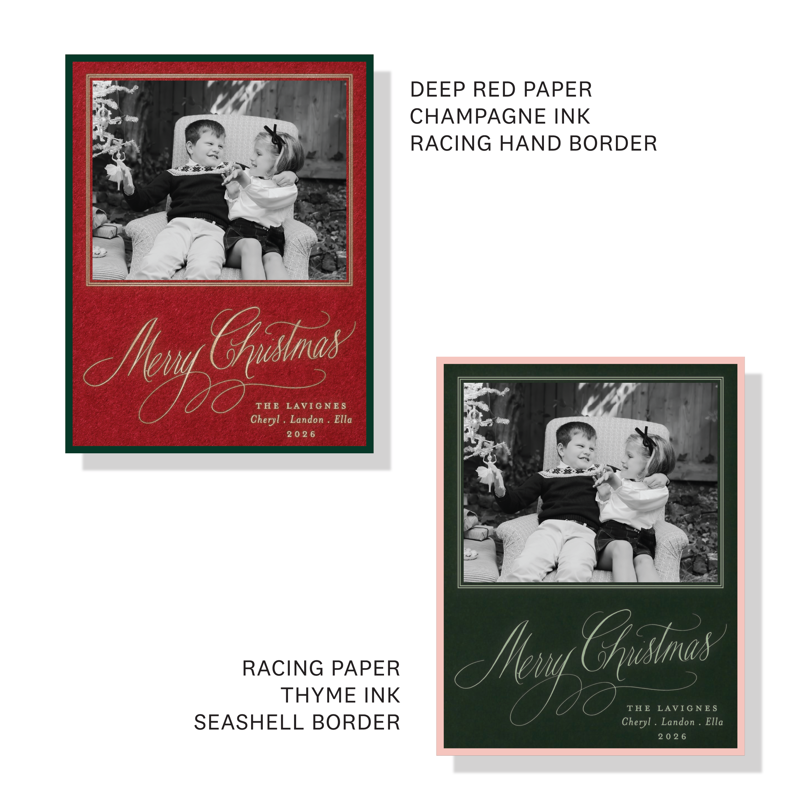 Lavigne Engraved Christmas Photo Card with a favorite family portrait, graceful “Merry Christmas” lettering, and raised engraved details.