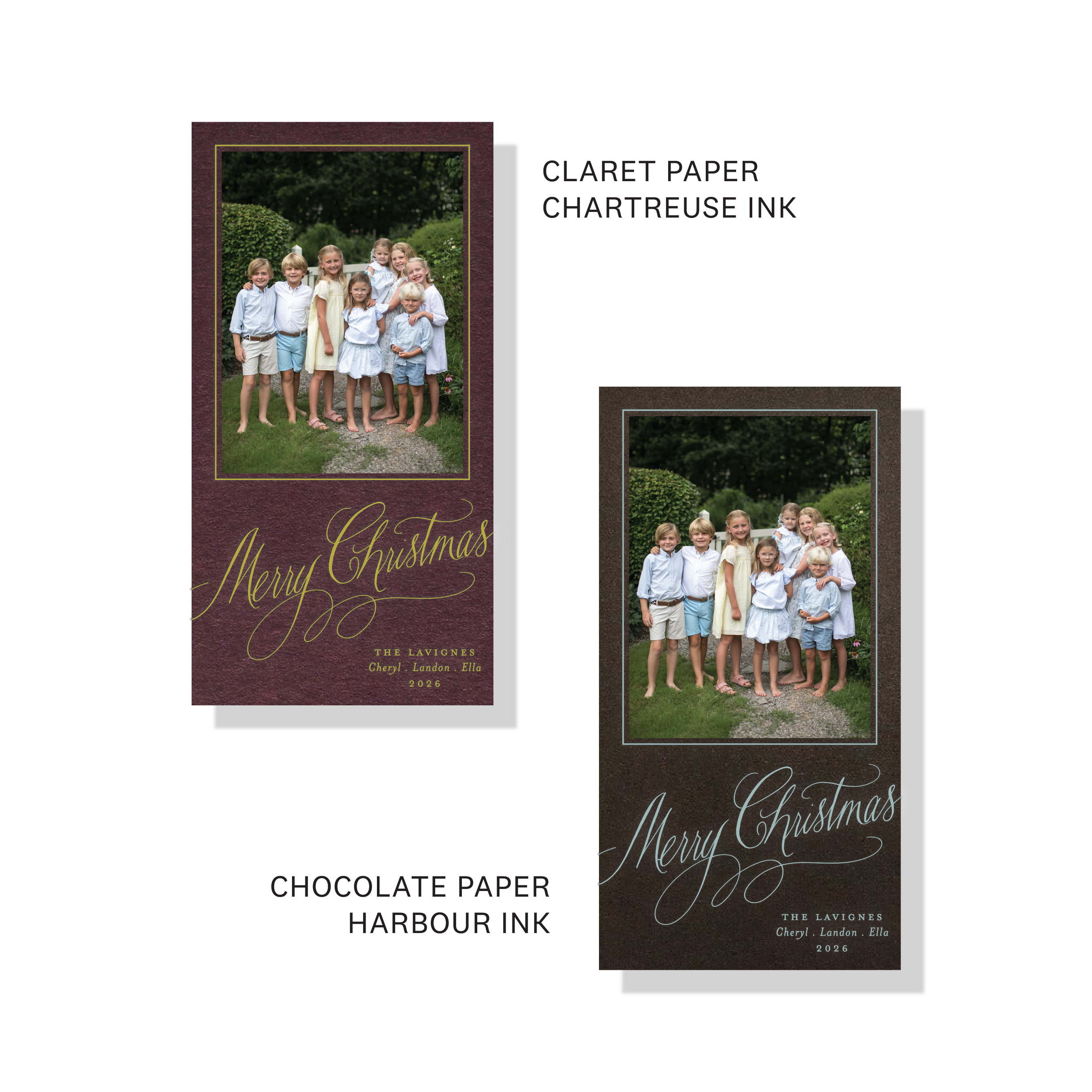  Lavigne Engraved Holiday Card featuring oversized hand-lettered “Merry Christmas” calligraphy, a family photograph, and traditional engraving.