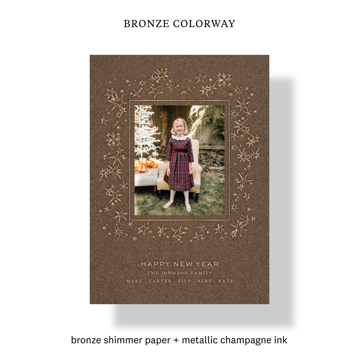 Bronze colorway of the Leda Engraved Holiday Card with mounted photo, champagne ink and engraved star wreath design