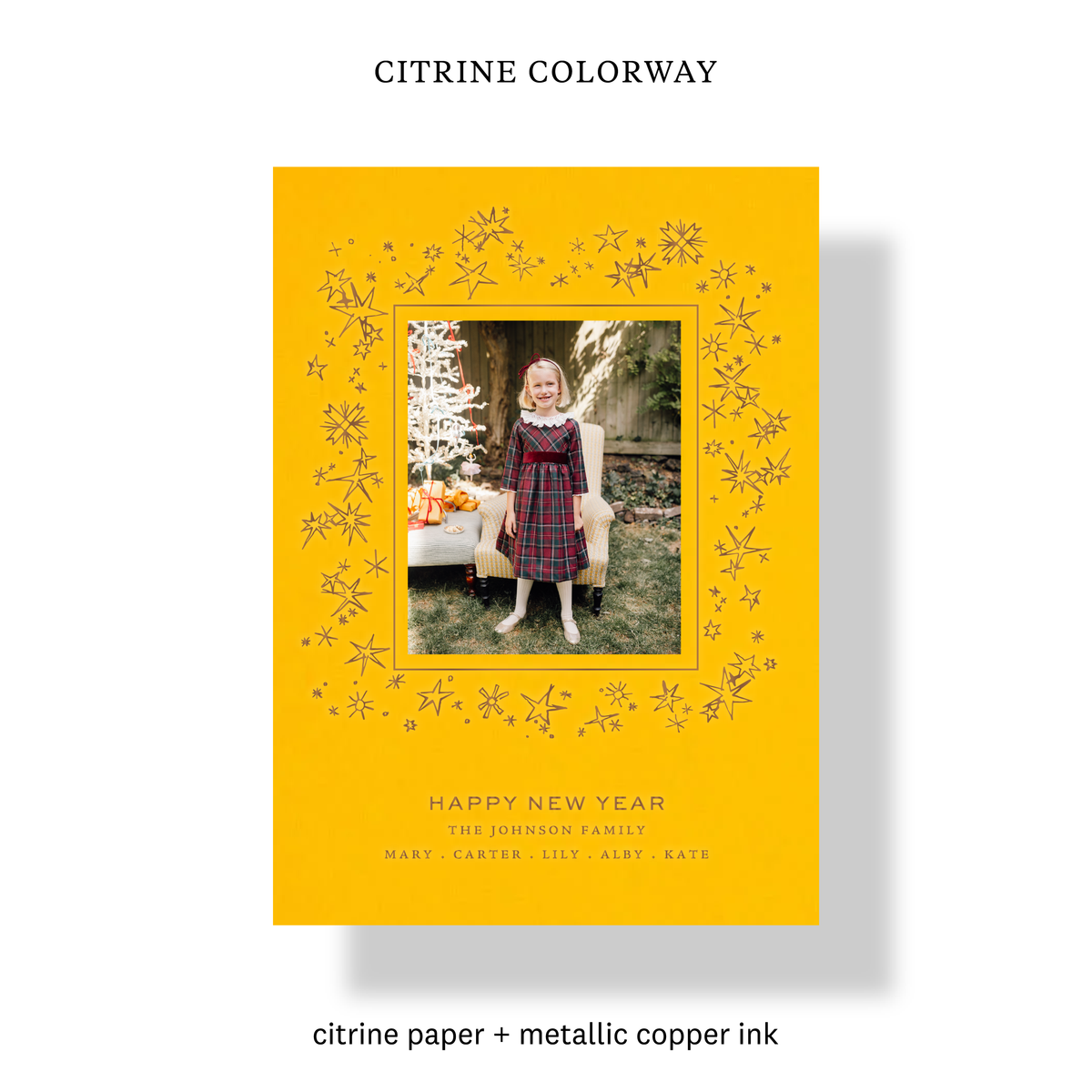 Citrine colorway of the Leda Engraved Holiday Card with mounted family photo and metallic copper celestial details