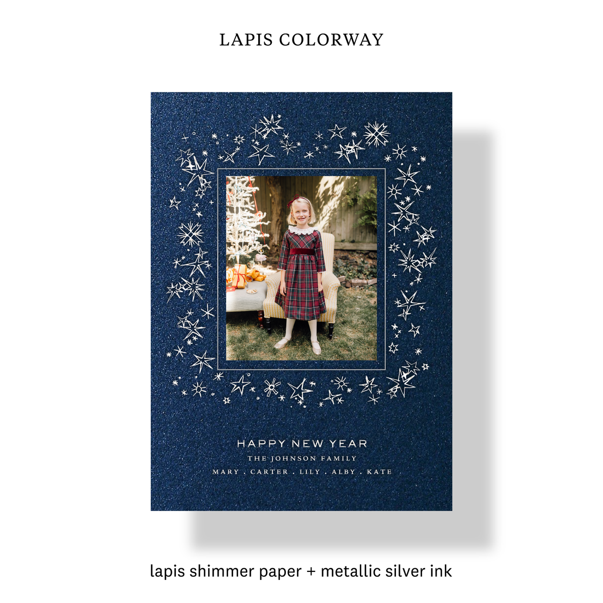 Lapis colorway of the Leda Engraved Holiday Card with mounted photo, silver ink and engraved star illustrations