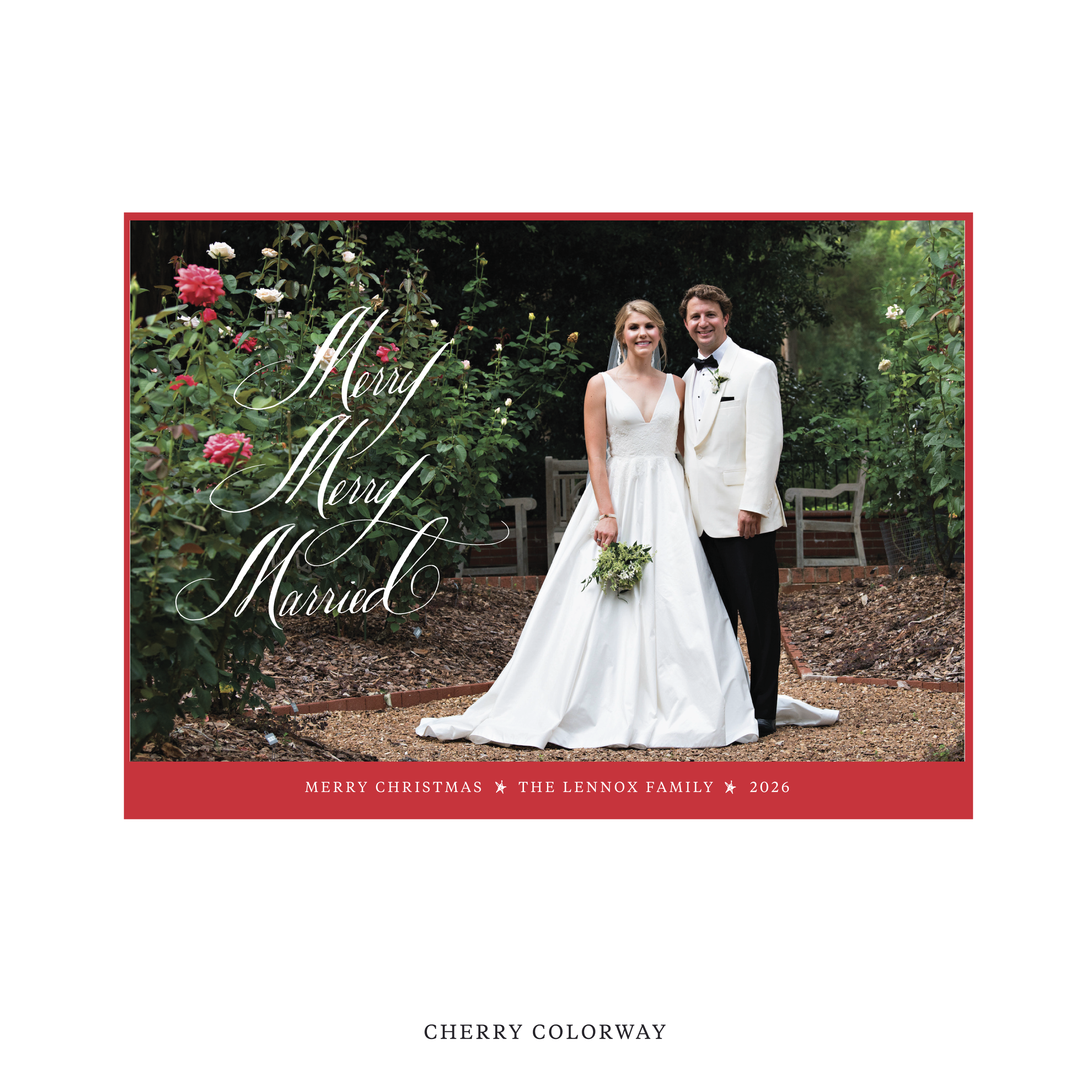 Celebrate the season with the Lennox "Merry Merry Married" Holiday Card by Stovall Collection. Featuring original hand-lettered artwork, this luxury personalized photo mount holiday card is available in 22 thoughtfully curated flat printing colorways.