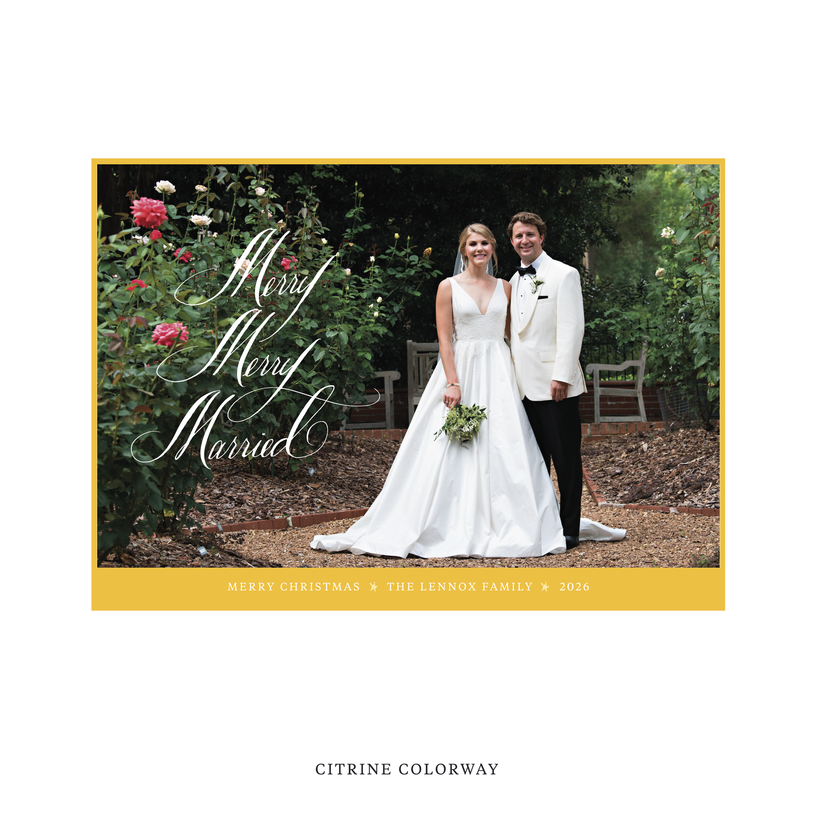 Celebrate the season with the Lennox "Merry Merry Married" Holiday Card by Stovall Collection. Featuring original hand-lettered artwork, this luxury personalized photo mount holiday card is available in 22 thoughtfully curated flat printing colorways.