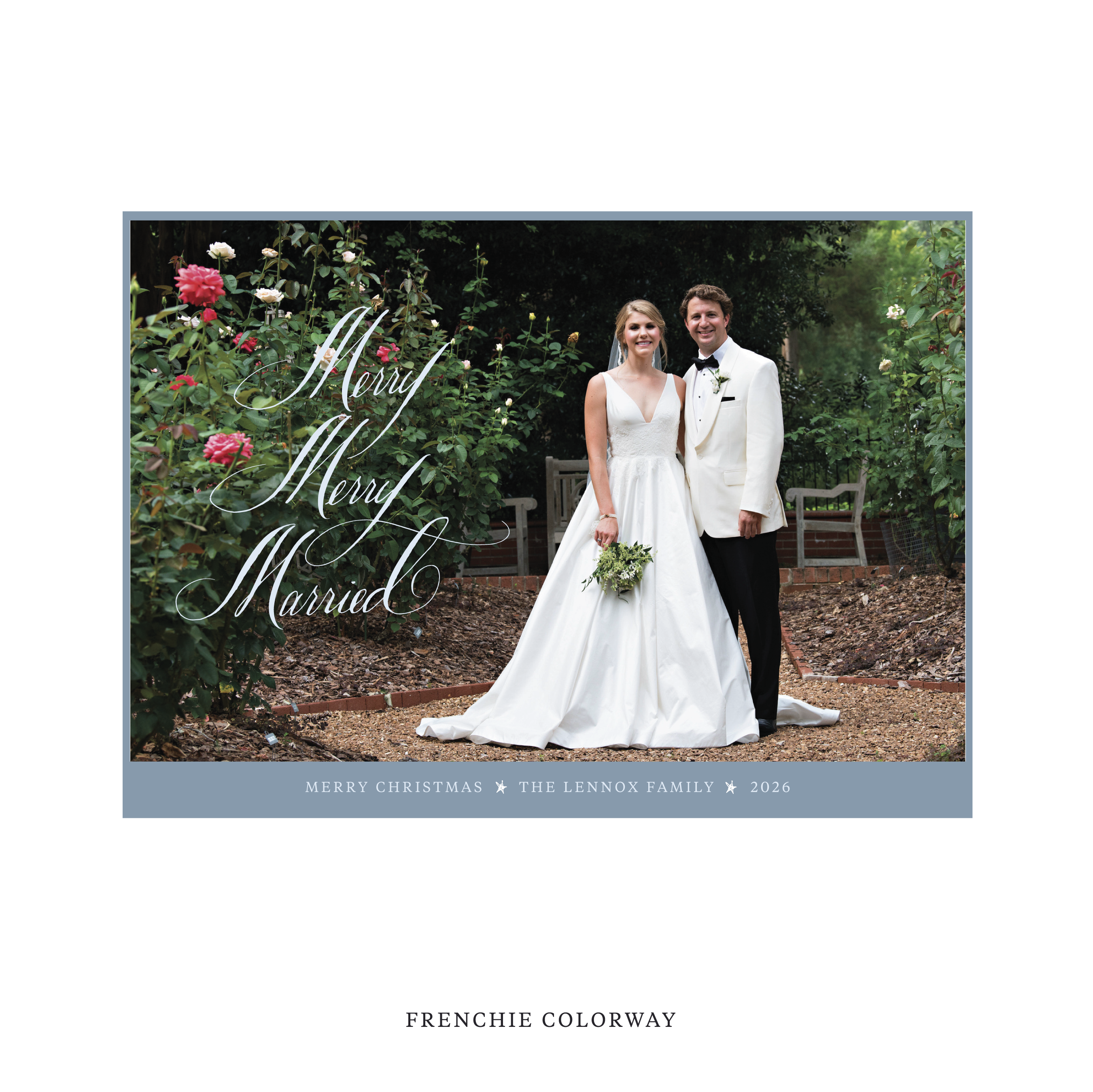 Celebrate the season with the Lennox "Merry Merry Married" Holiday Card by Stovall Collection. Featuring original hand-lettered artwork, this luxury personalized photo mount holiday card is available in 22 thoughtfully curated flat printing colorways.