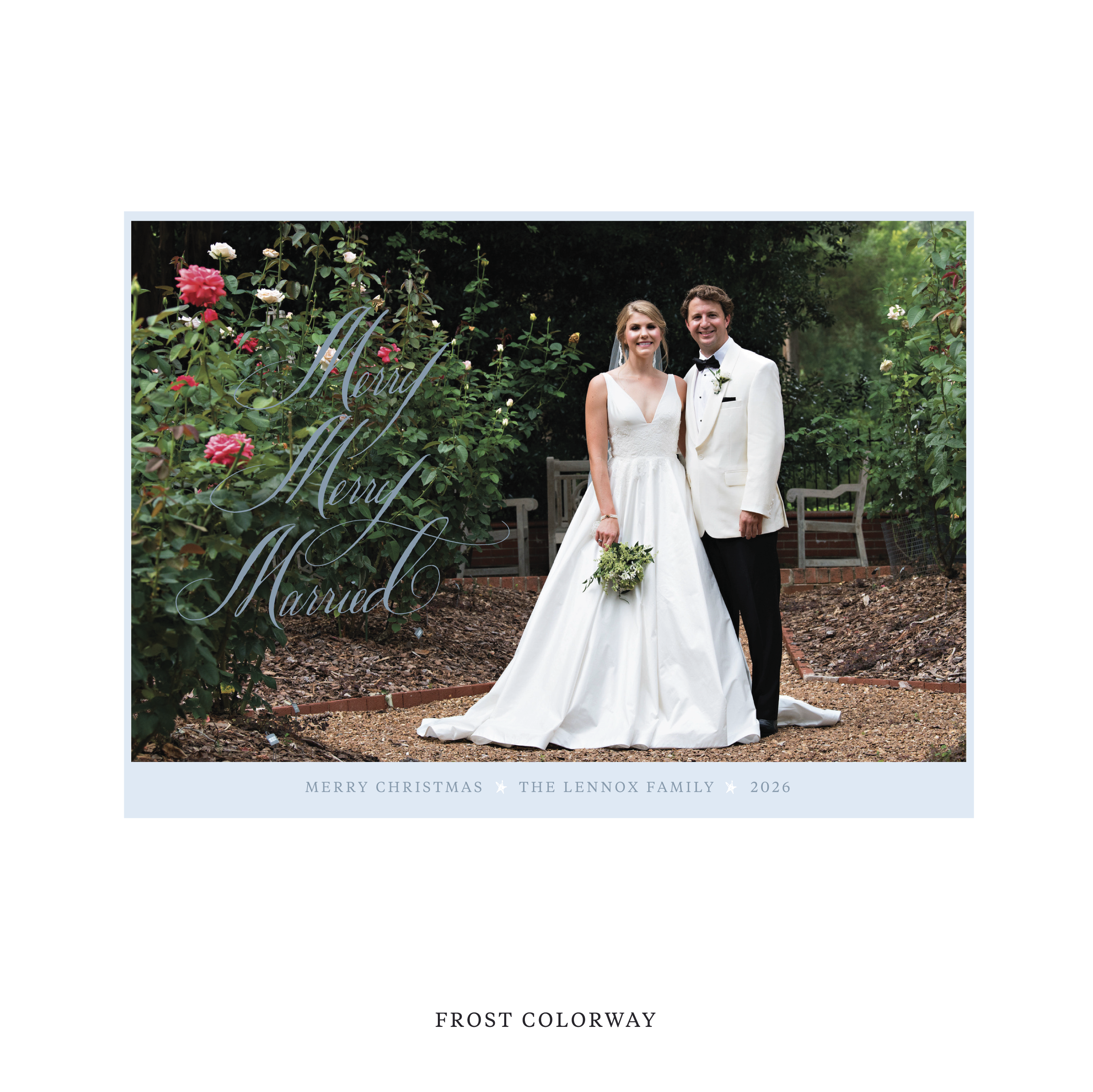 Celebrate the season with the Lennox "Merry Merry Married" Holiday Card by Stovall Collection. Featuring original hand-lettered artwork, this luxury personalized photo mount holiday card is available in 22 thoughtfully curated flat printing colorways.