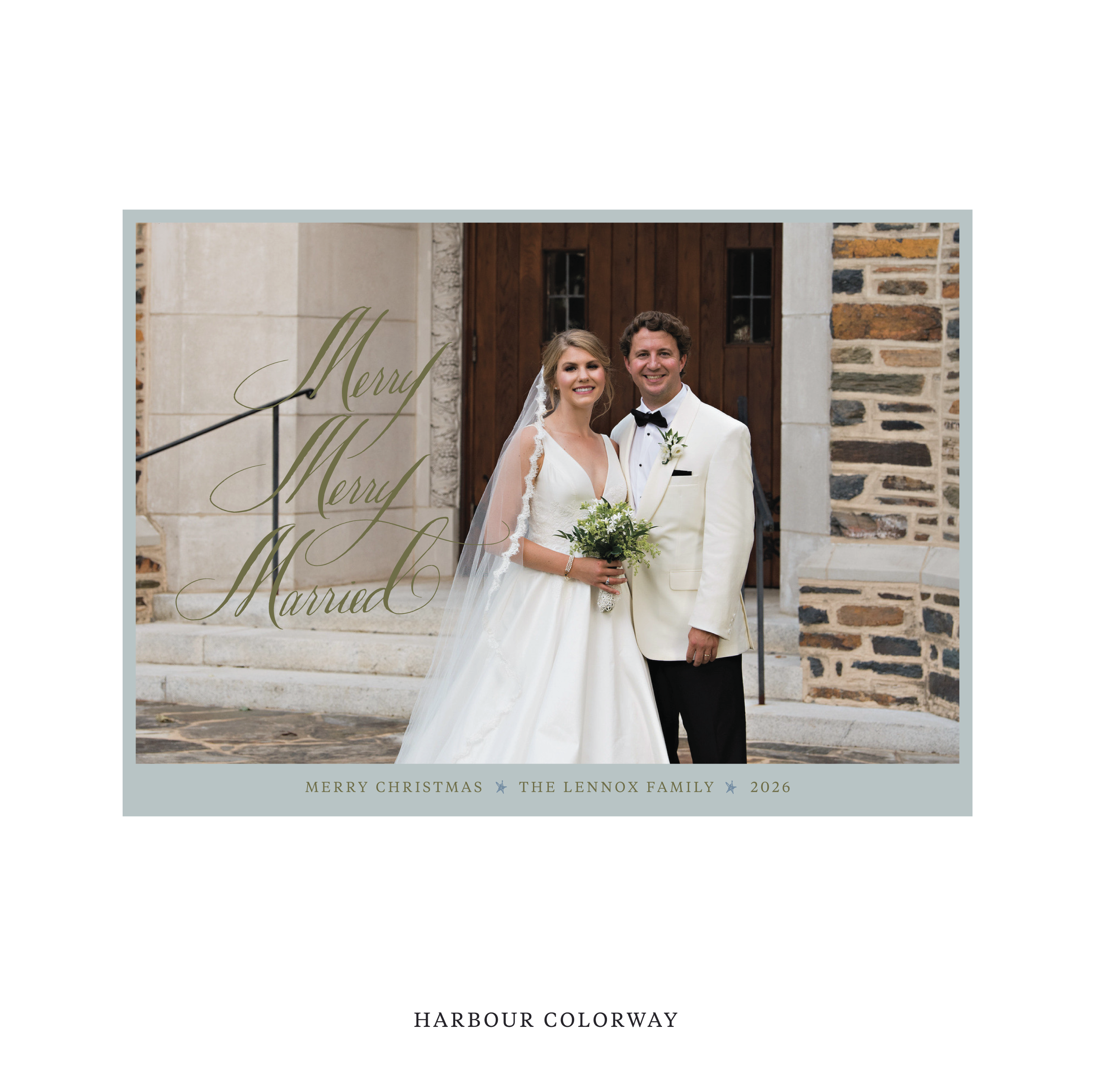 Celebrate the season with the Lennox "Merry Merry Married" Holiday Card by Stovall Collection. Featuring original hand-lettered artwork, this luxury personalized photo mount holiday card is available in 22 thoughtfully curated flat printing colorways.