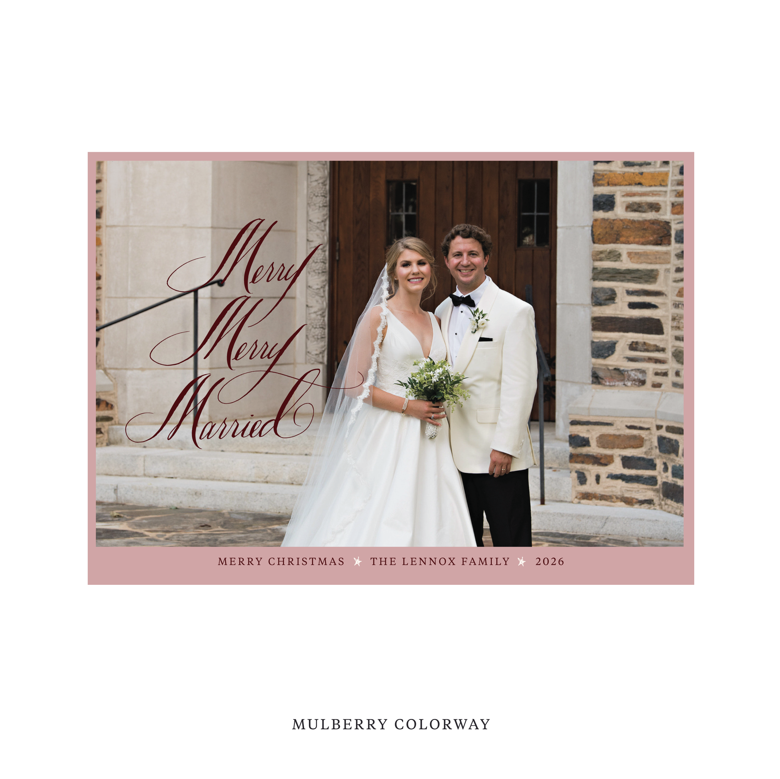 Celebrate the season with the Lennox "Merry Merry Married" Holiday Card by Stovall Collection. Featuring original hand-lettered artwork, this luxury personalized photo mount holiday card is available in 22 thoughtfully curated flat printing colorways.